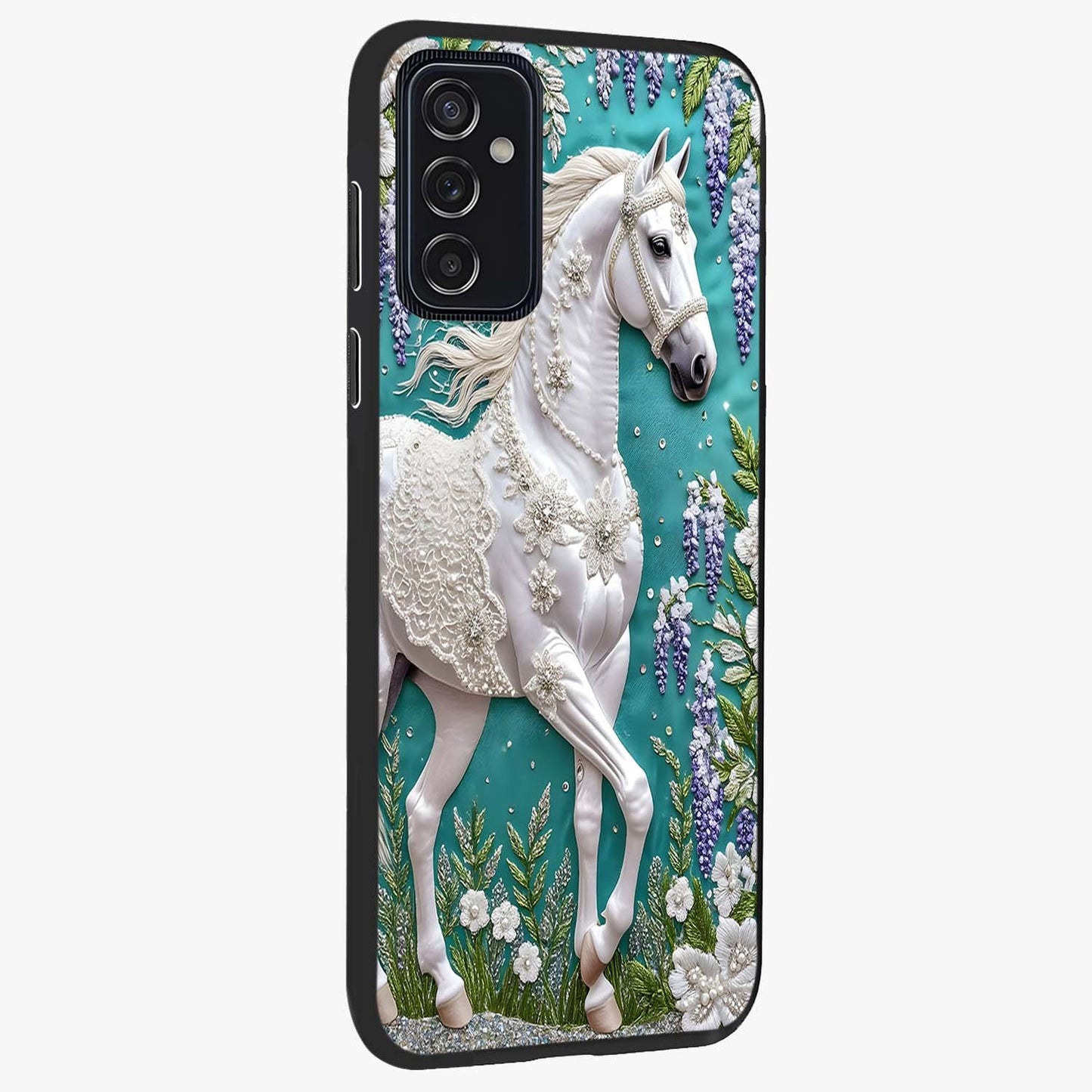 Majestic Floral Stallion Glass Case upright view showcasing dramatic horse artwork with decorative floral theme.