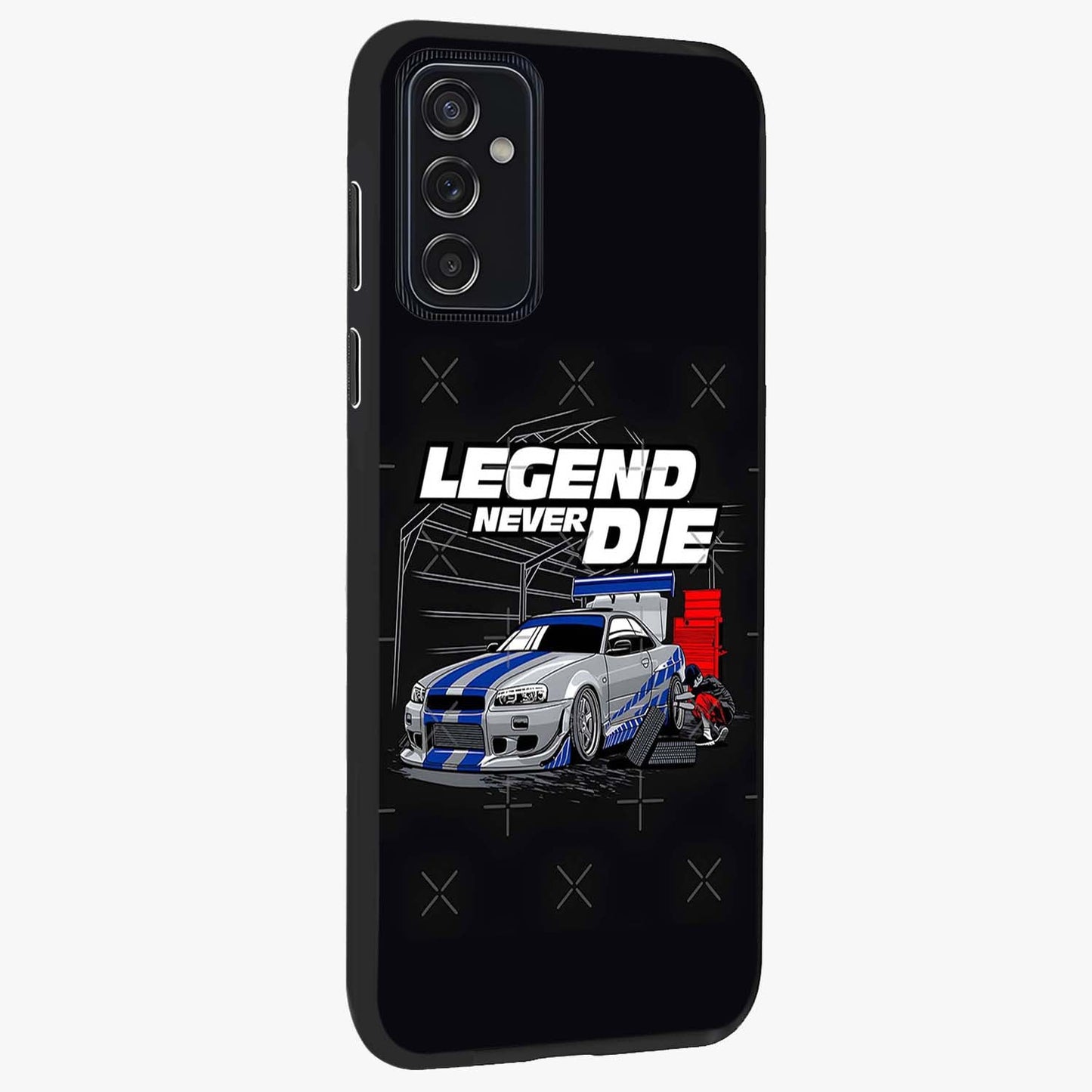 Midnight Racing Legacy Glass Case upright view showcasing powerful racing artwork with modern sports theme.