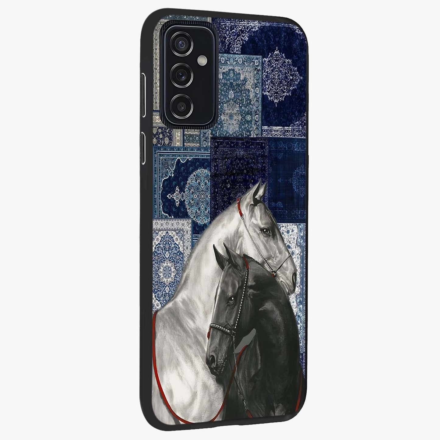 Midnight Stallion Blues Glass Case upright view showcasing dramatic horse artwork with bold artistic theme.