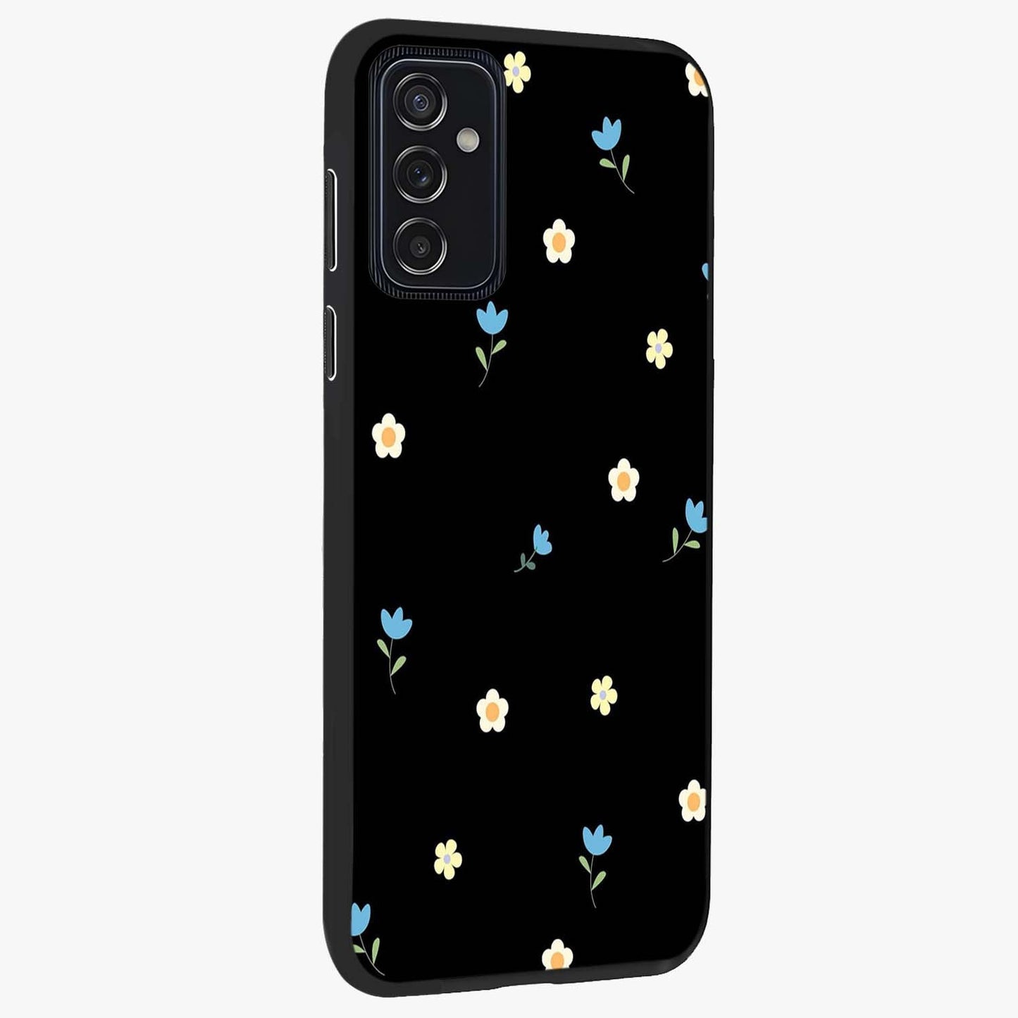 Minimal Petal Whispers Glass Case upright view showcasing elegant floral artwork with modern minimalist style.