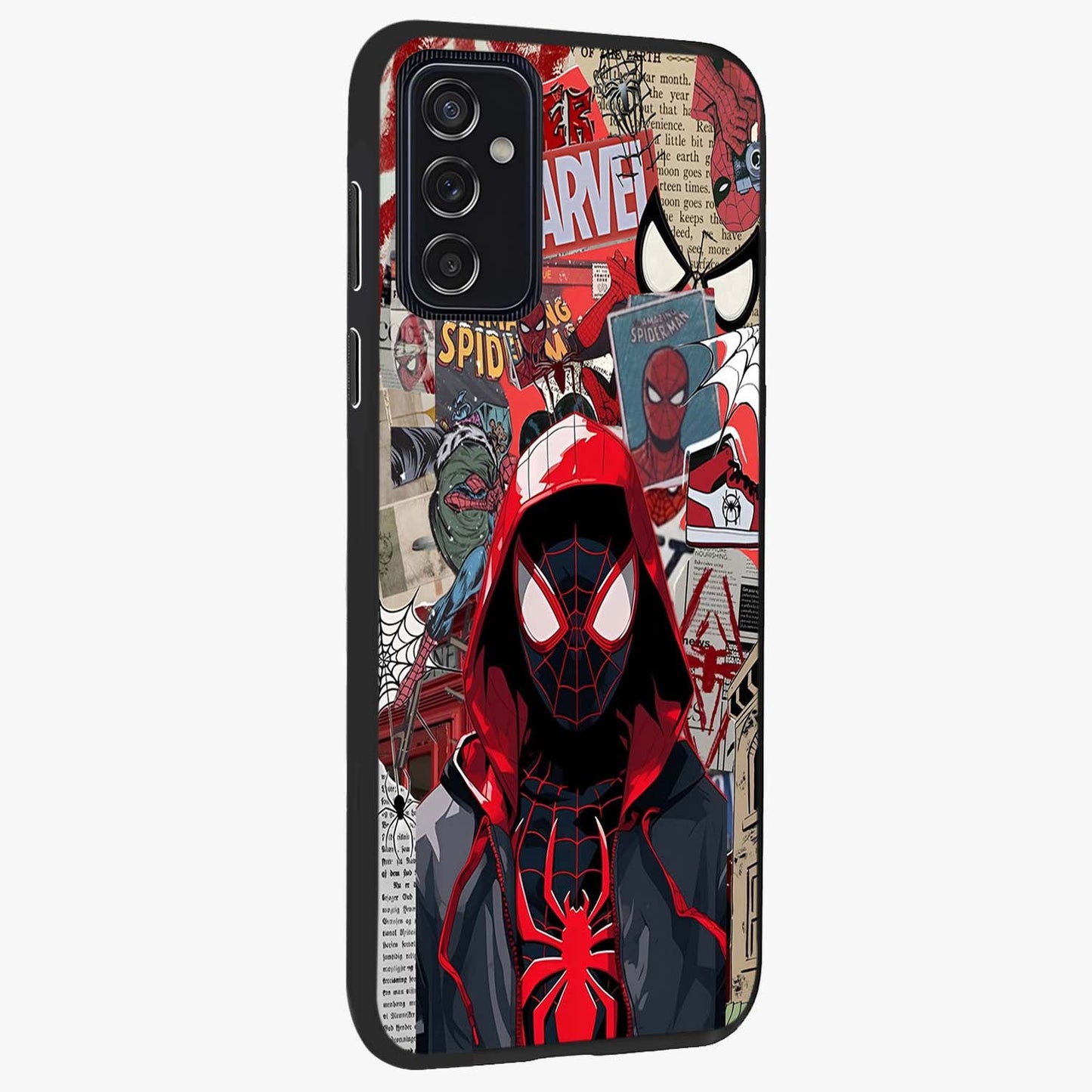 Spider Collage Street Glass Case upright view showcasing bold superhero artwork with urban street theme.