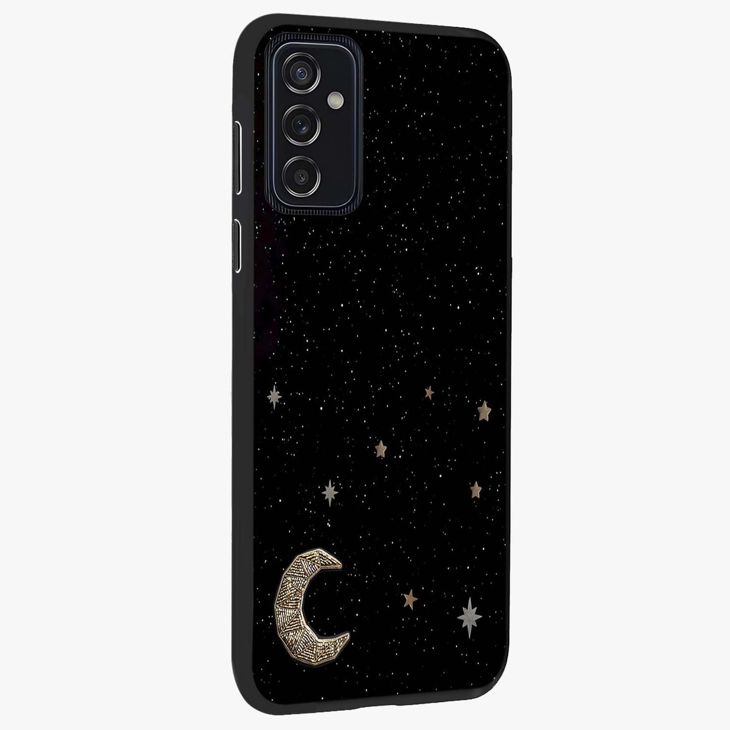 Twinkle Star With Half Moon Glass Case upright view showcasing glowing cosmic artwork with dreamy night theme.
