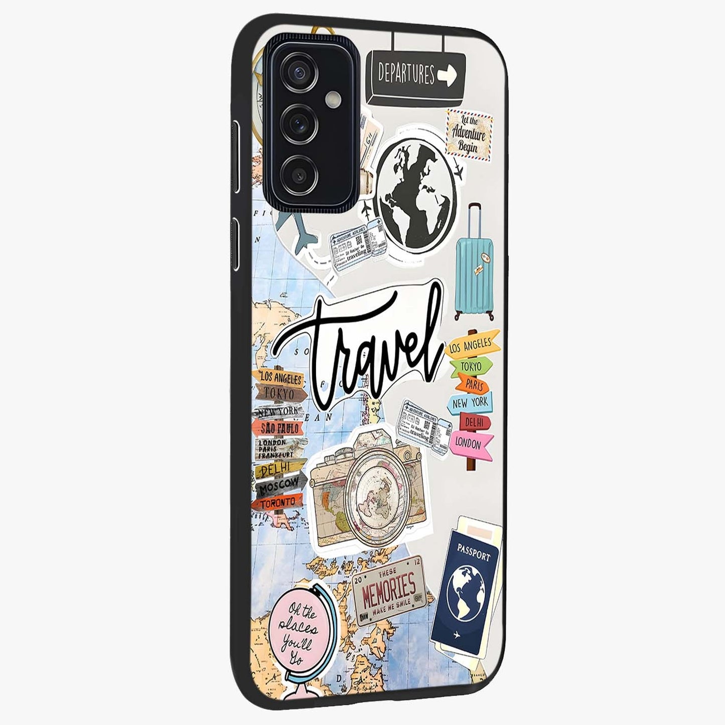 Wanderlust Journal Glass Case upright view showcasing wanderlust inspired artwork with creative exploration theme.