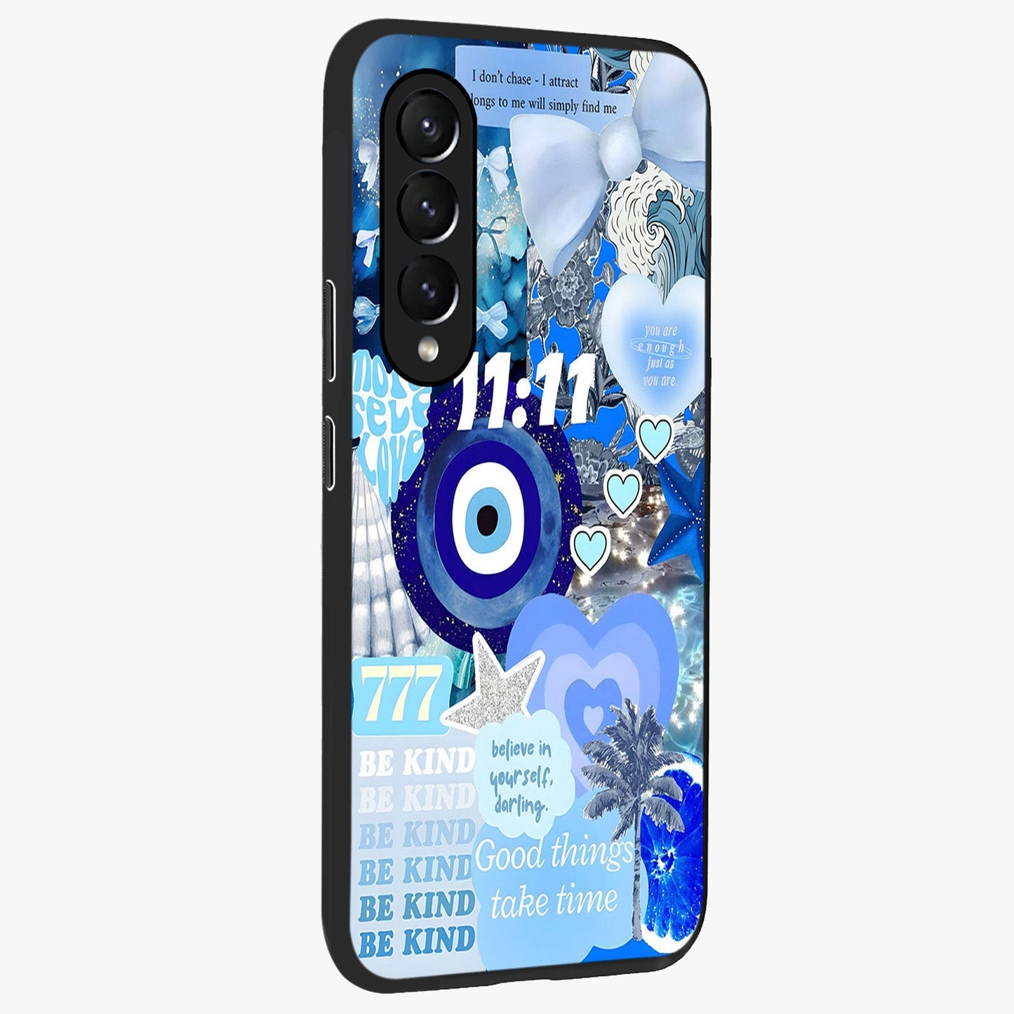 Aesthetic Be Kind Eye Glass Case upright view showcasing stylish eye illustration with positive message theme.