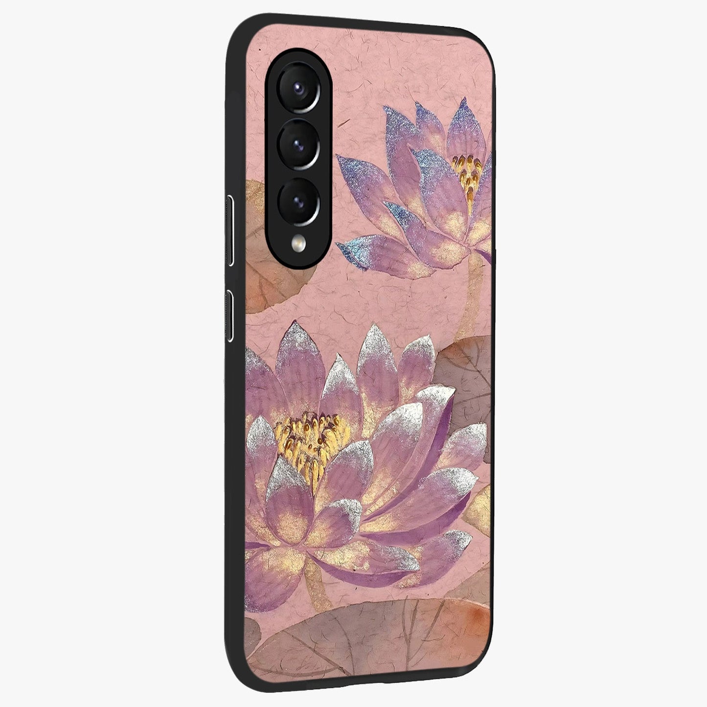 Blossom Mist Lotus Glass Case upright view showcasing graceful lotus flower design with peaceful botanical style.