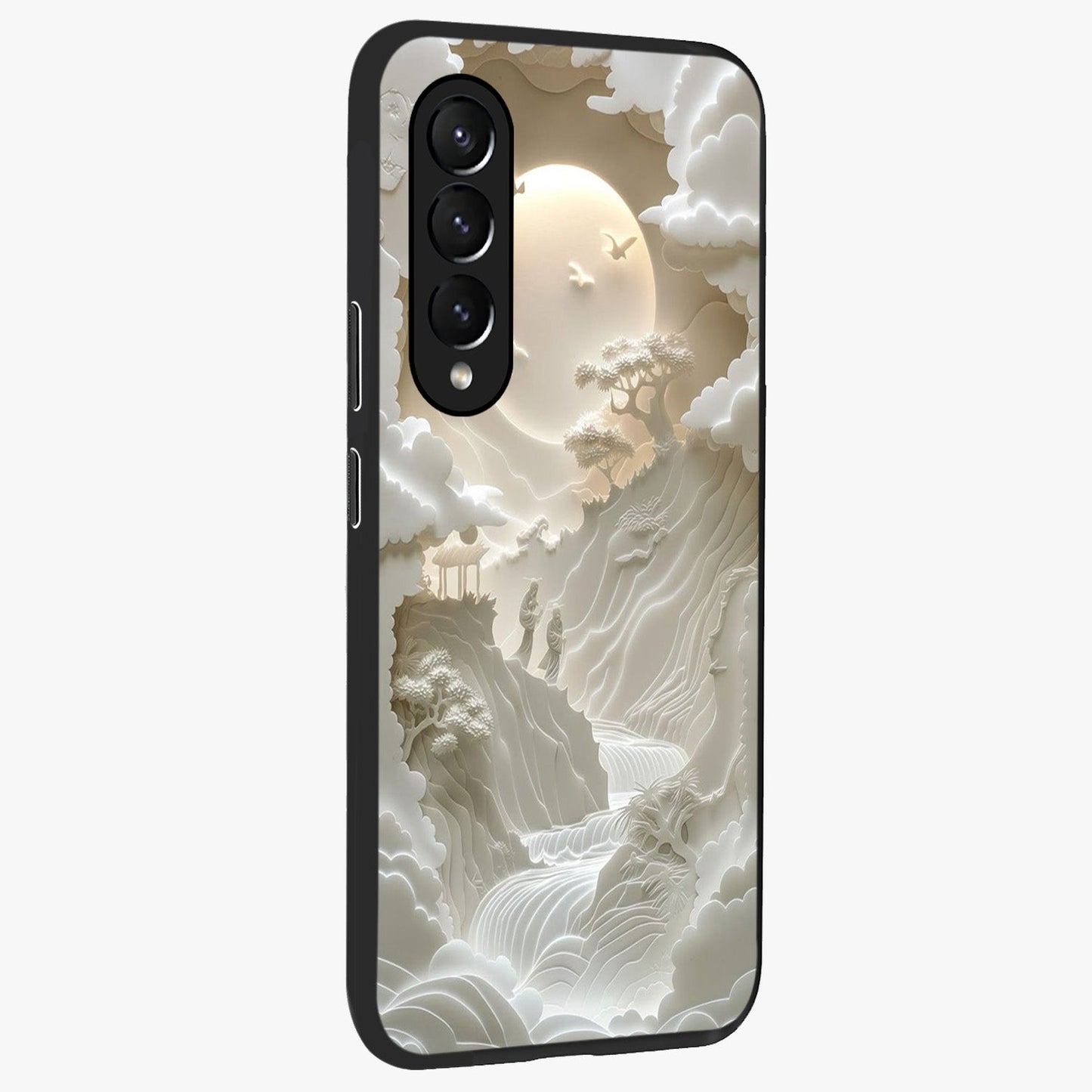 Celestial Origami Glass Case upright view showcasing creative origami artwork with modern celestial style.