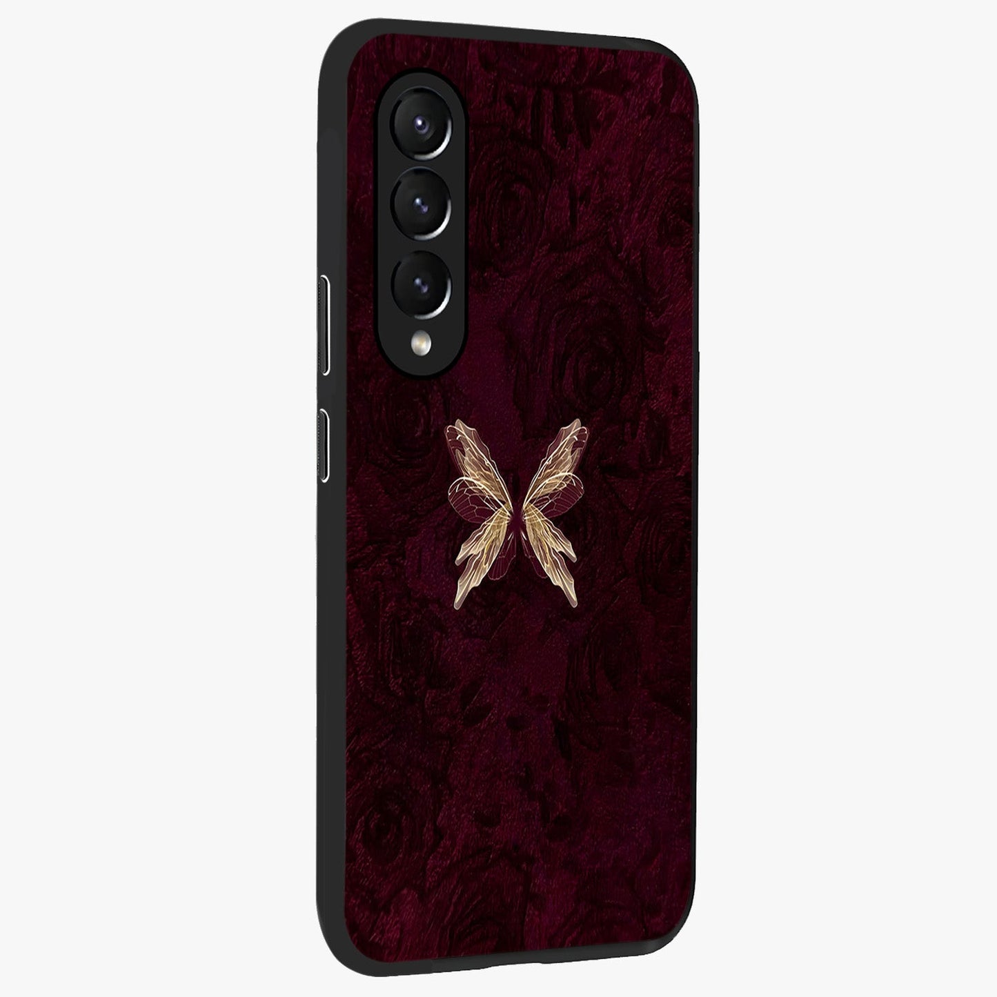 Crimson Fade Butterfly Glass Case upright view showcasing graceful butterfly artwork with soft crimson fade effect.