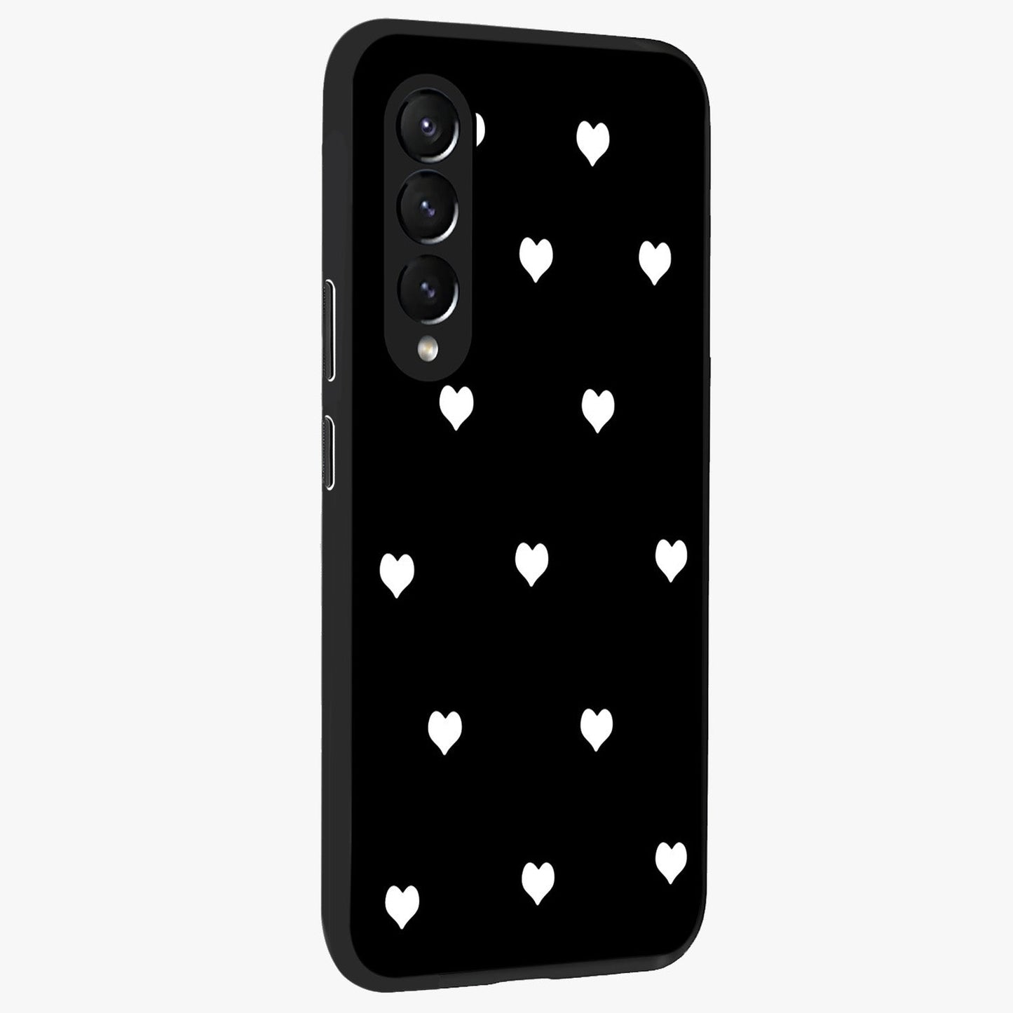 Cute And Simple White Hearts Glass Case upright view showcasing simple white hearts artwork with soft minimal theme.