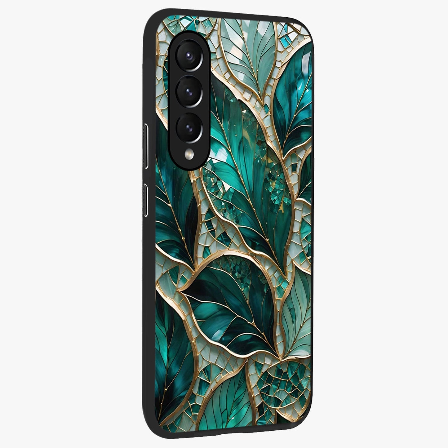 Emerald Leaf Glass Glass Case upright view showcasing fresh green leaf artwork with calming nature inspired style.