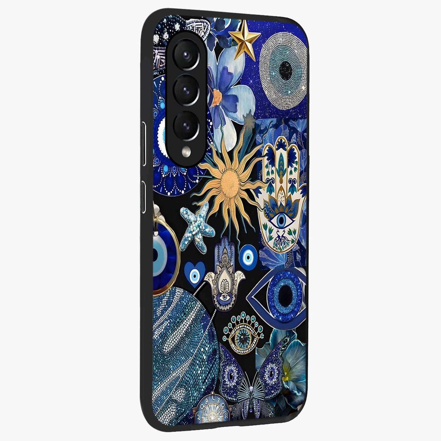 Evil Eye Charm Mix Glass Case upright view showcasing mystical evil eye pattern with vibrant decorative style.