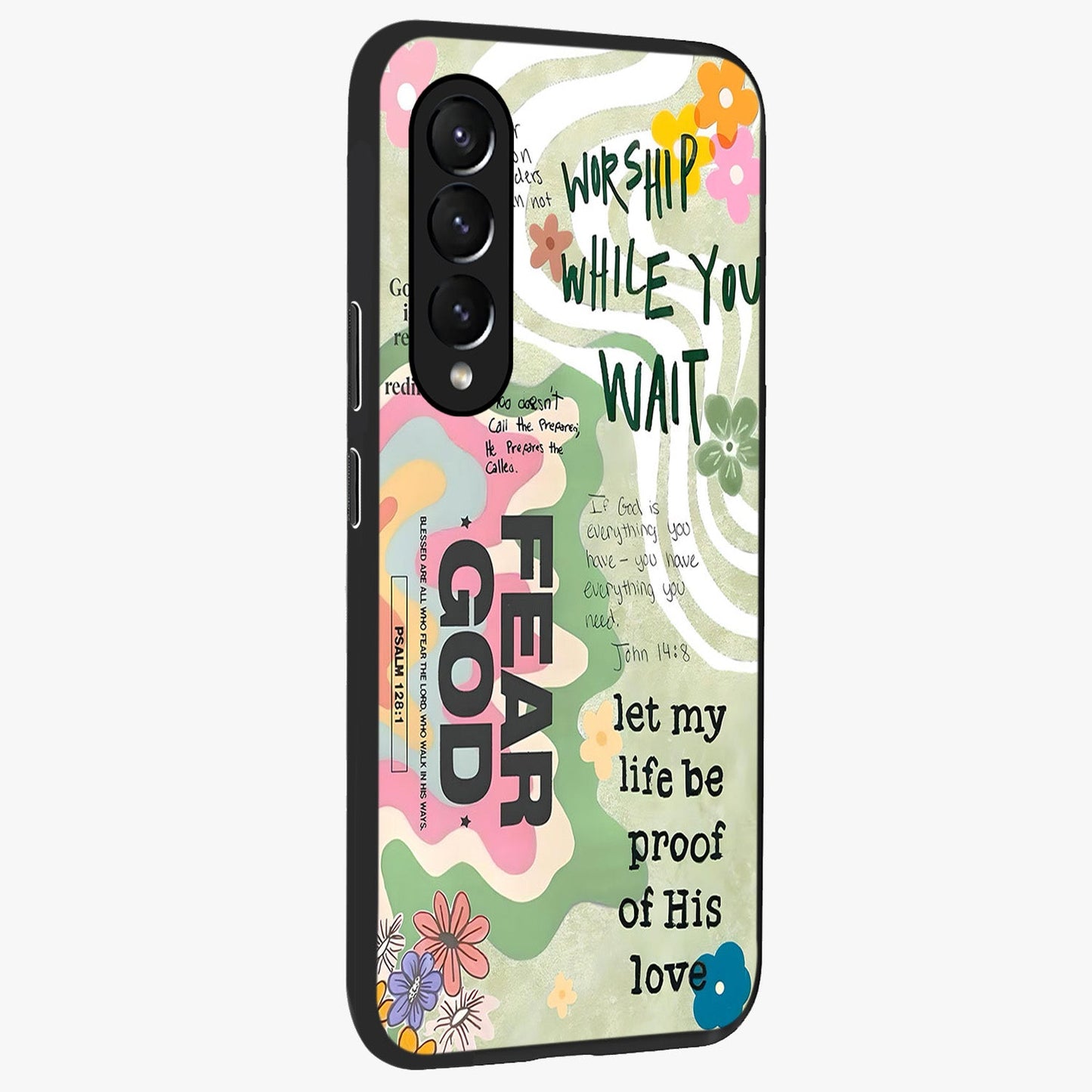 Faith Over Fear Glass Case upright view showcasing bold typography artwork with uplifting motivational theme.