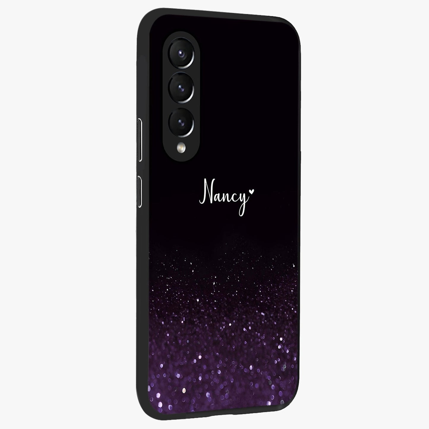 Glittery Purple Bokeh Custom Name Glass Case upright view showcasing vibrant purple sparkle artwork with personalized aesthetic style.