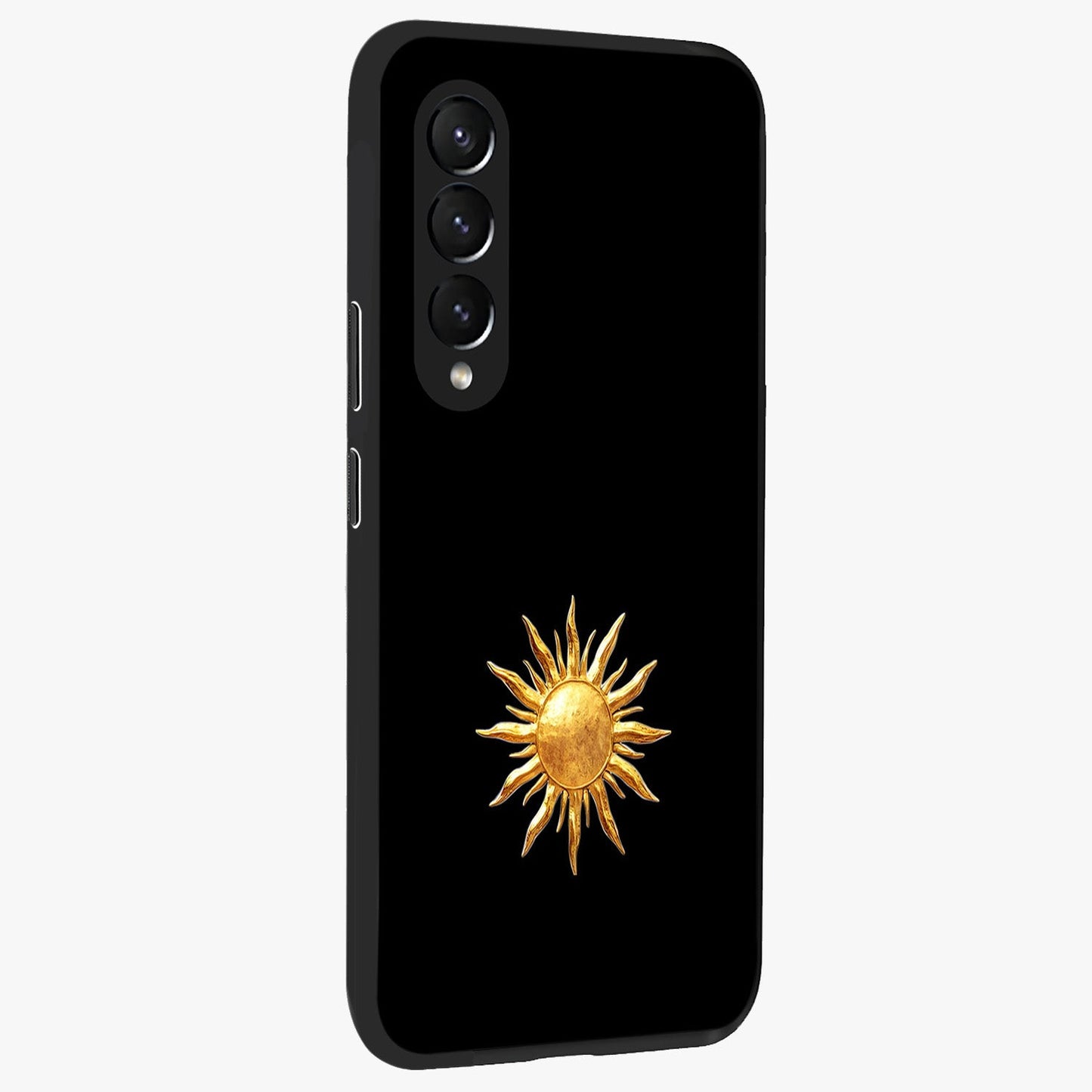 Golden Sun Minimalism Glass Case upright view showcasing haunting graveyard artwork with dramatic dark theme.