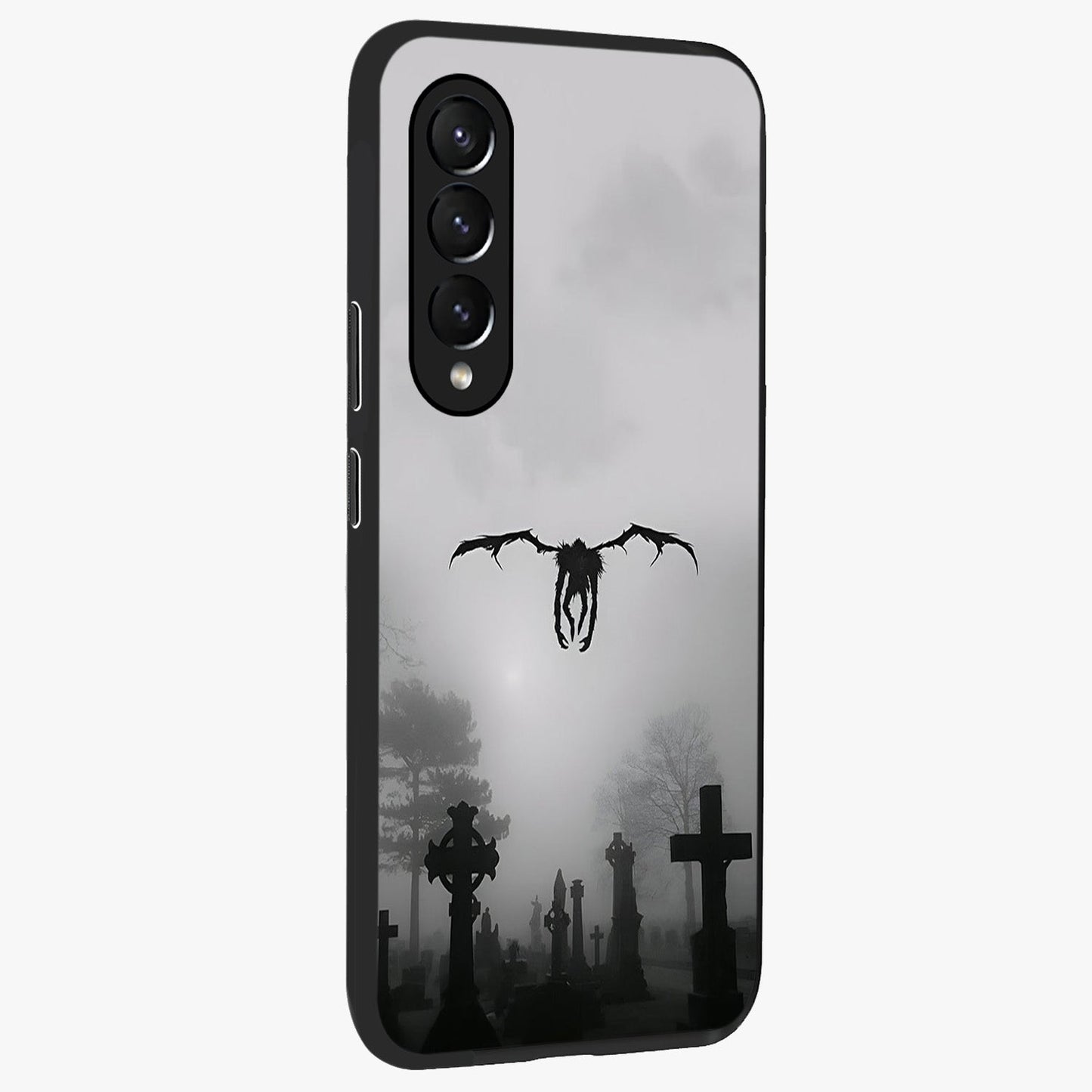 Graveyard Shadow Descent Glass Case upright view showcasing haunting graveyard artwork with dramatic dark theme.
