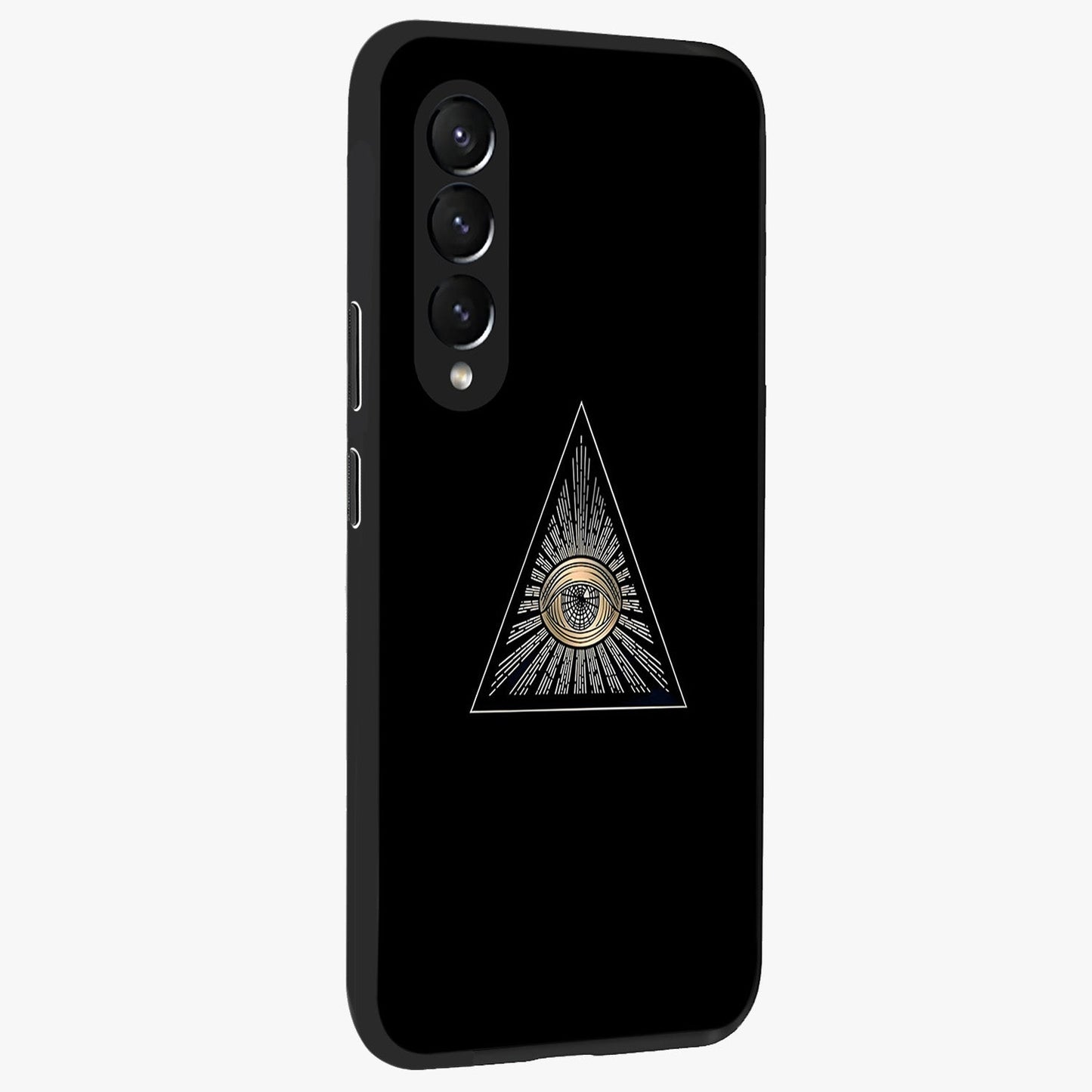 Illuminati Evil Glass Case upright view showcasing striking illuminati artwork with mysterious symbolic theme.