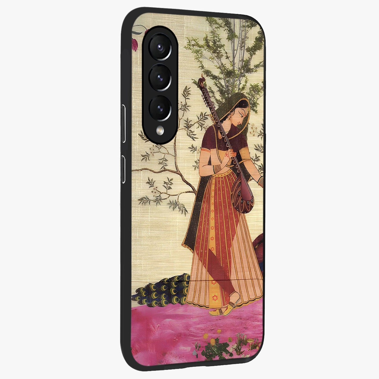 Lady With Veena Art Glass Case upright view showcasing classical veena artwork with traditional artistic theme.