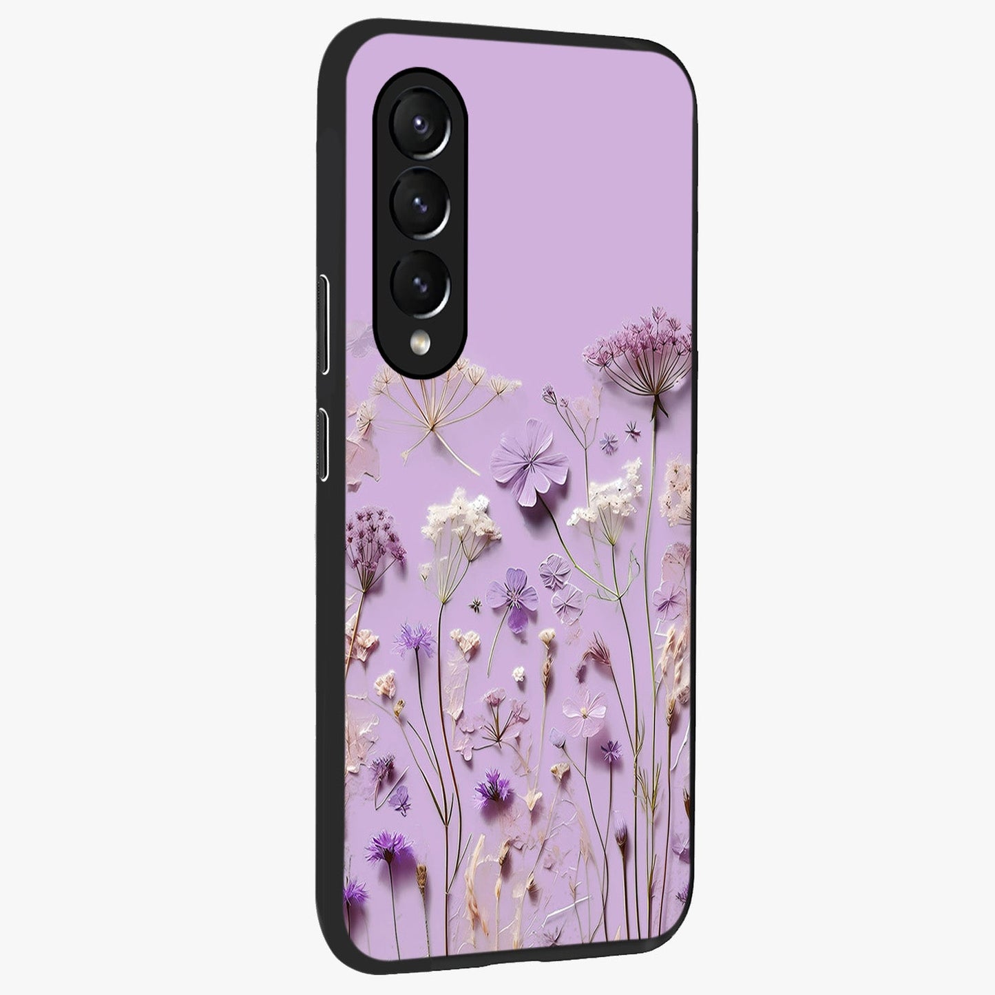 Lavender Blossom Dream Glass Case upright view showcasing delicate lavender blossom artwork with peaceful floral theme.
