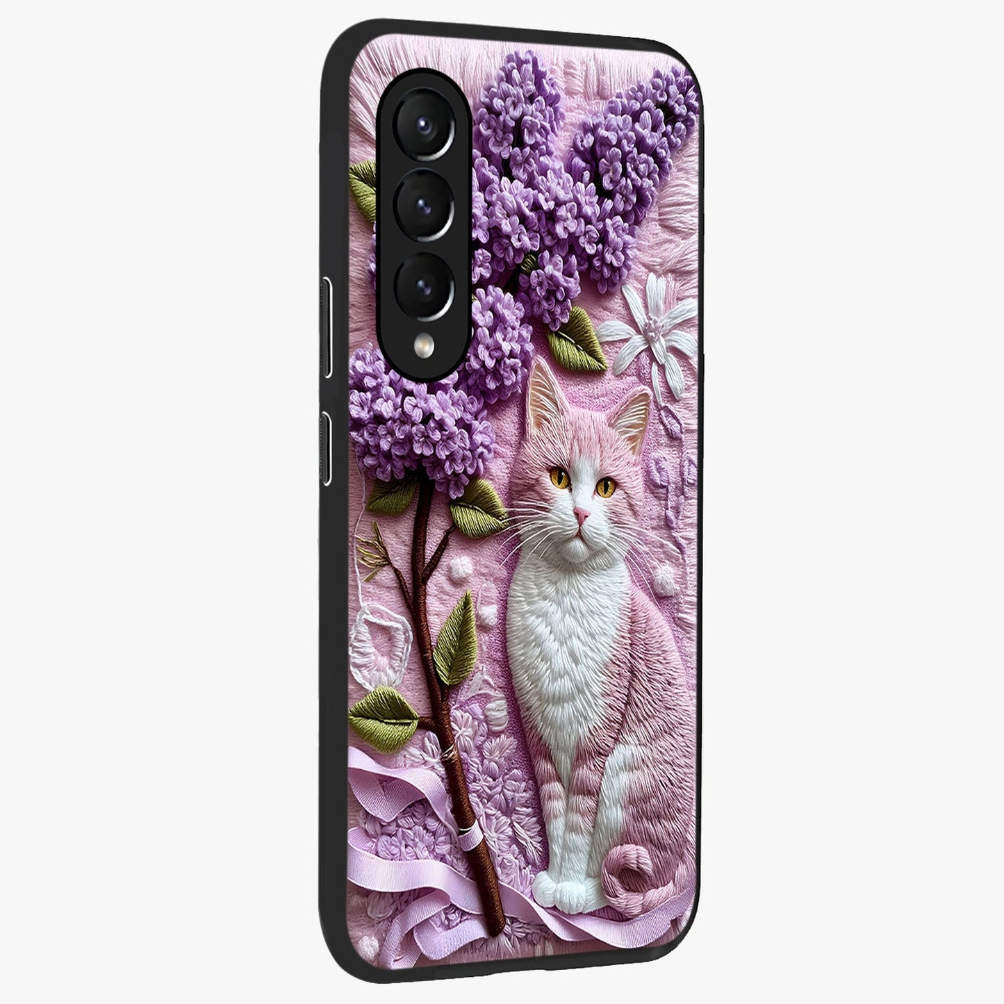 Lavender Cat Whimsy Glass Case upright view showcasing charming cat artwork with whimsical lavender theme.
