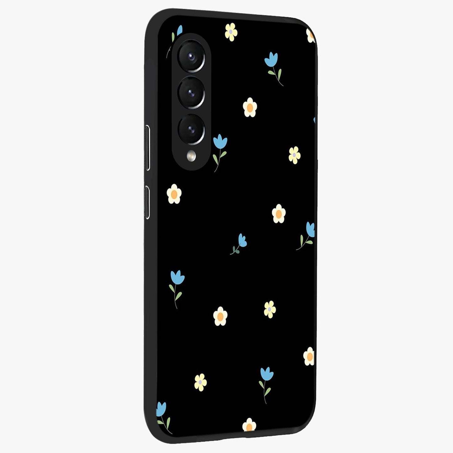 Minimal Petal Whispers Glass Case upright view showcasing elegant floral artwork with modern minimalist style.