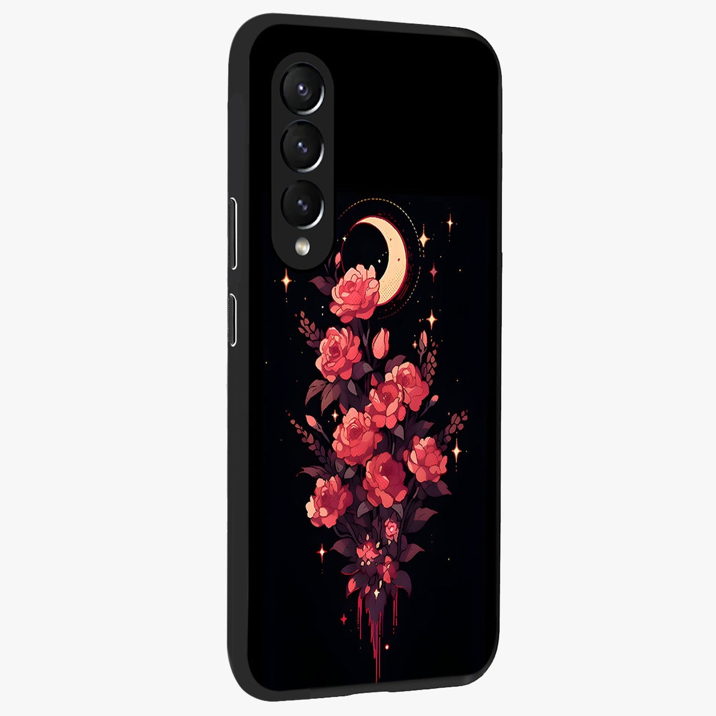 Moonlit Floral Elegance Glass Case upright view showcasing delicate floral artwork with refined night inspired theme.