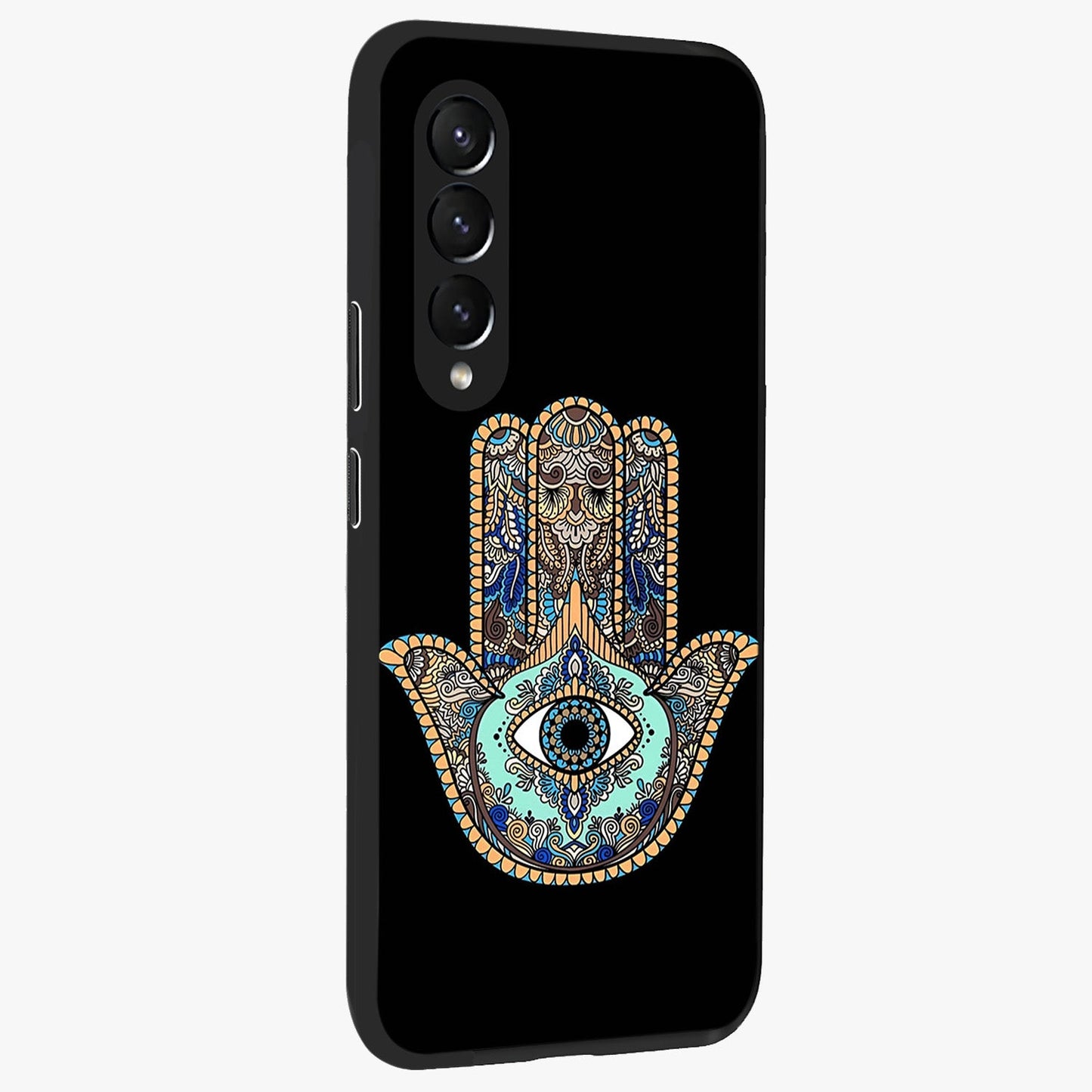 Mystic Hamsa Eye Glass Case upright view showcasing detailed hamsa eye artwork with protective spiritual theme.