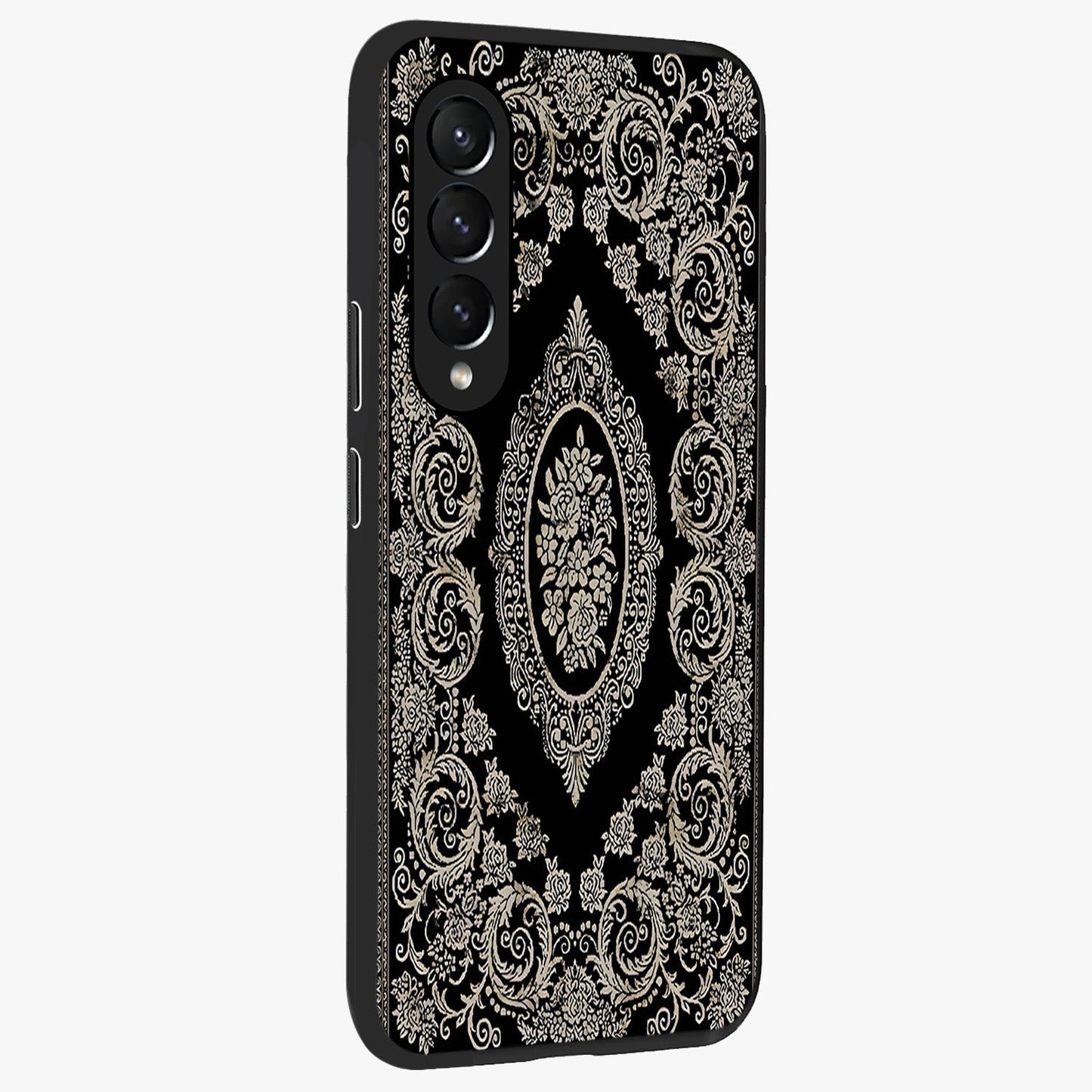 Noir Bloom Elegance Glass Case upright view showcasing graceful floral artwork with luxurious dark theme.
