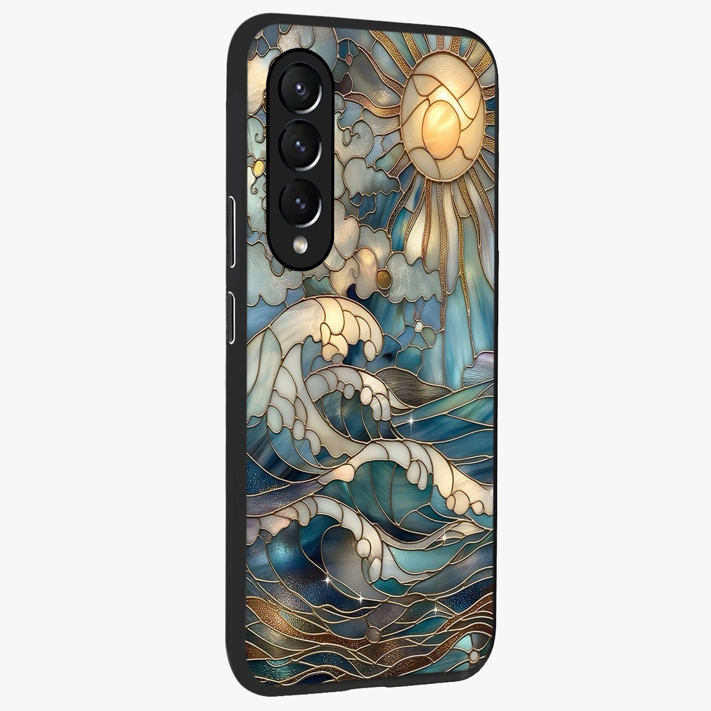 Oceanic Stained Printed Glass Case upright view showcasing decorative ocean pattern artwork with vibrant marine theme.