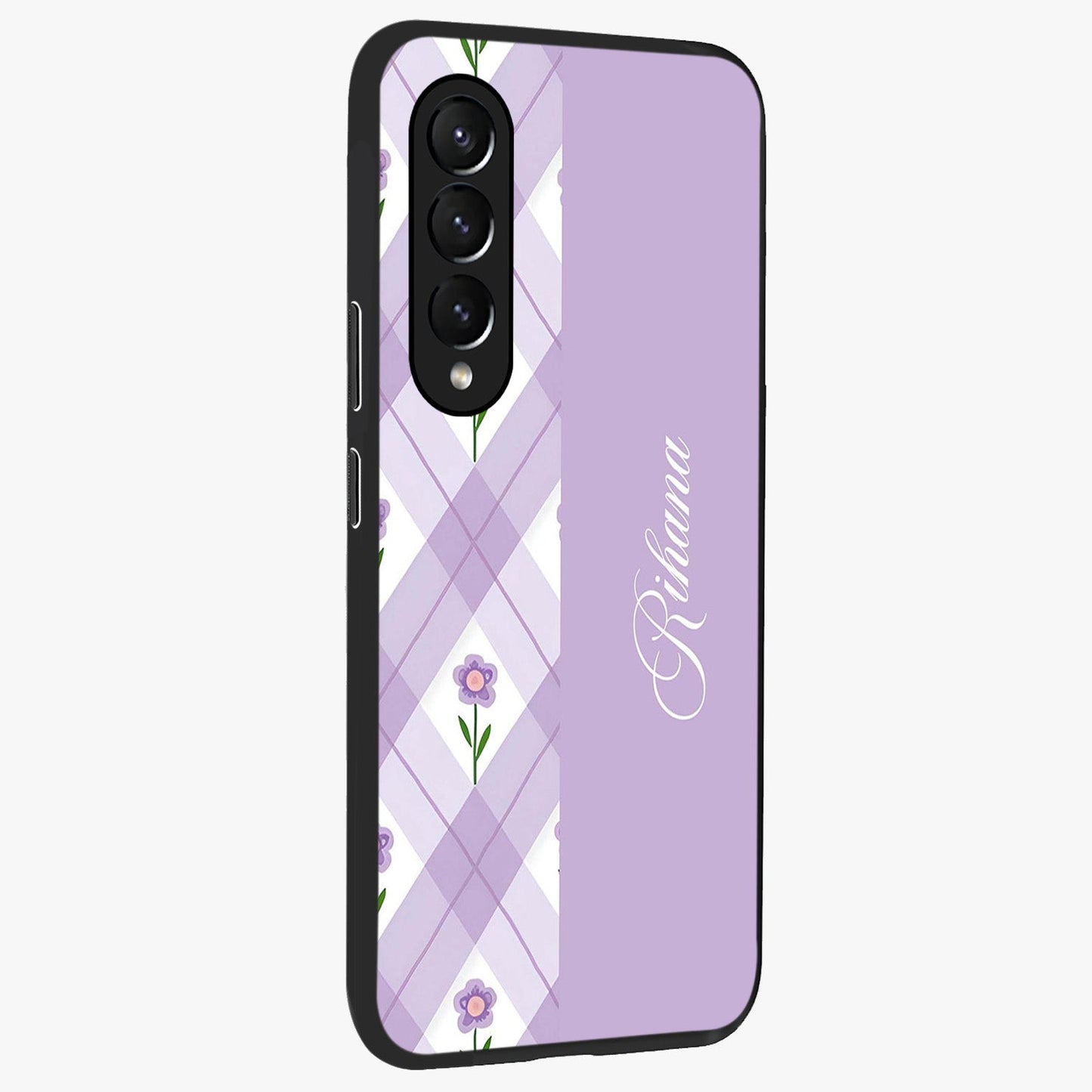 Purple Diamond Floral Glass Case upright view showcasing vibrant floral artwork with stylish geometric theme.