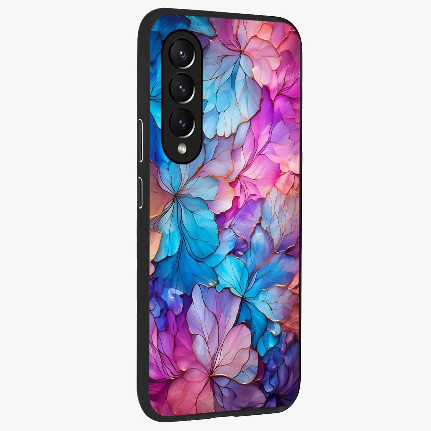 Radiant Floral Whirl Glass Case upright view showcasing lively floral artwork with decorative swirl theme.