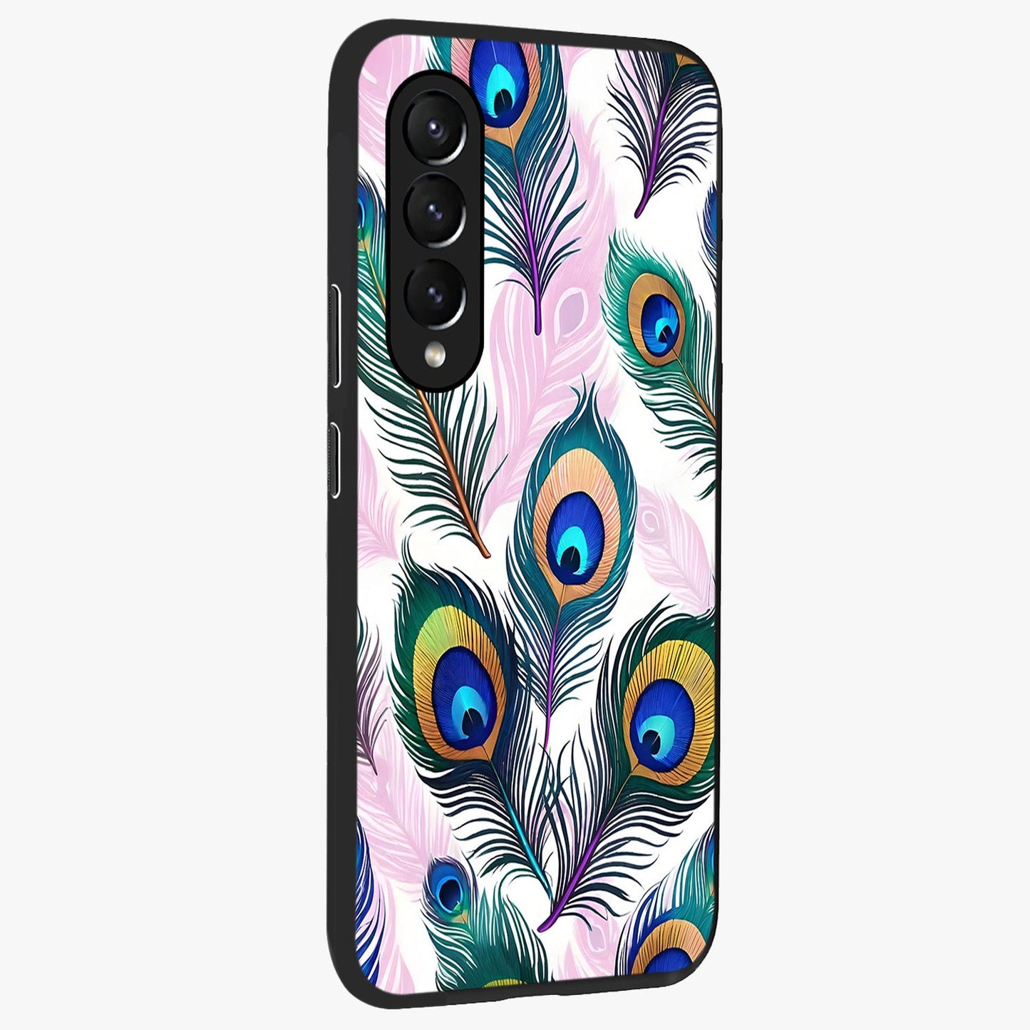 Royal Peacock Feathers Glass Case upright view showcasing elegant peacock feather artwork with decorative royal theme.
