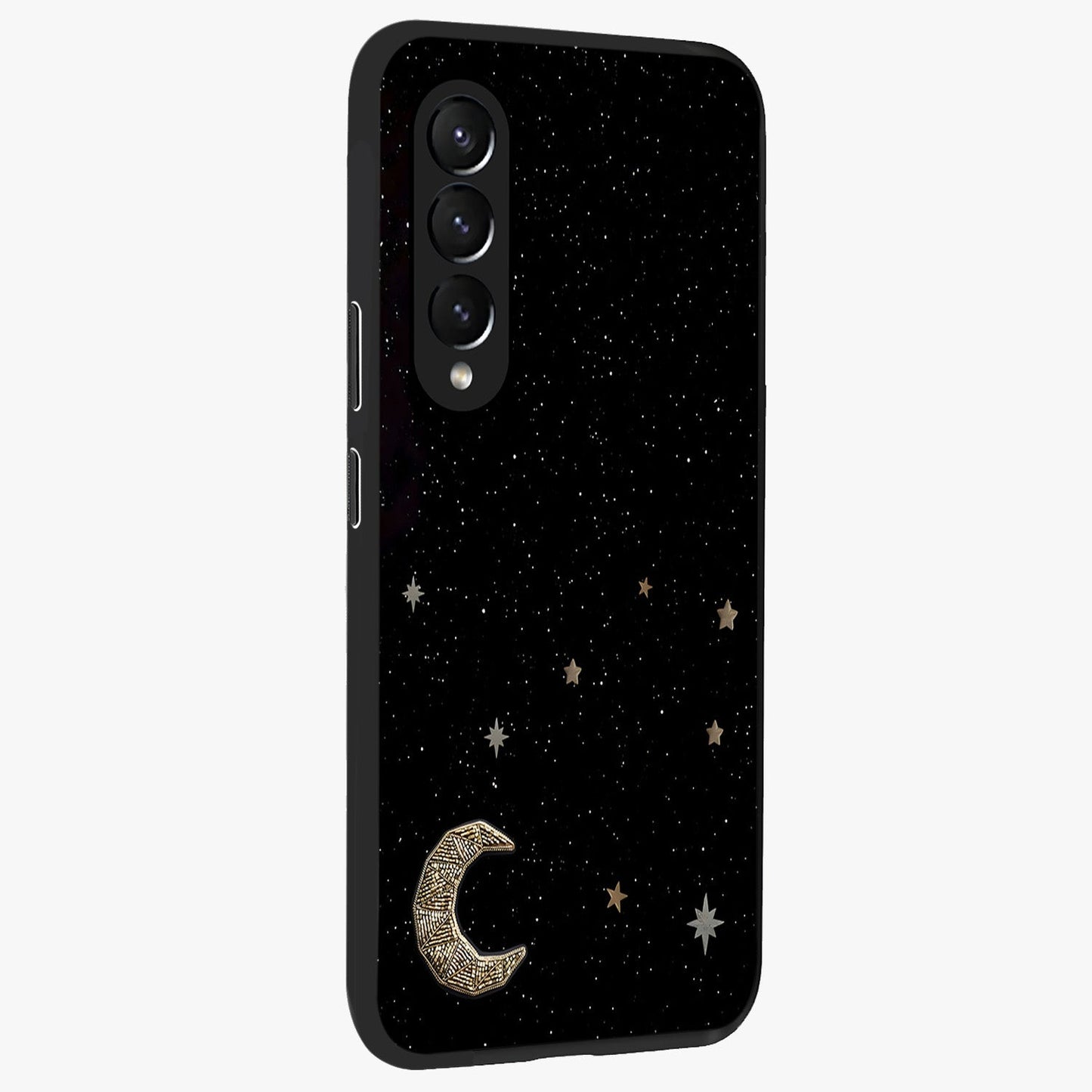 Twinkle Star With Half Moon Glass Case upright view showcasing glowing cosmic artwork with dreamy night theme.