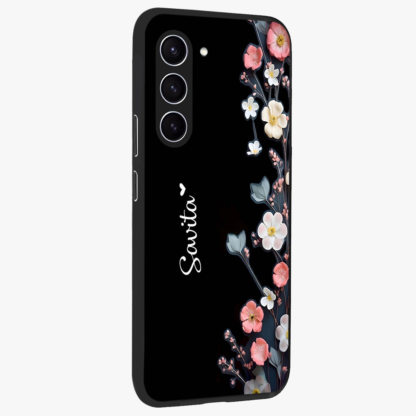 Black Elegance Floral Custom Name Glass Case upright view showcasing luxurious black floral design with personalized name detail.