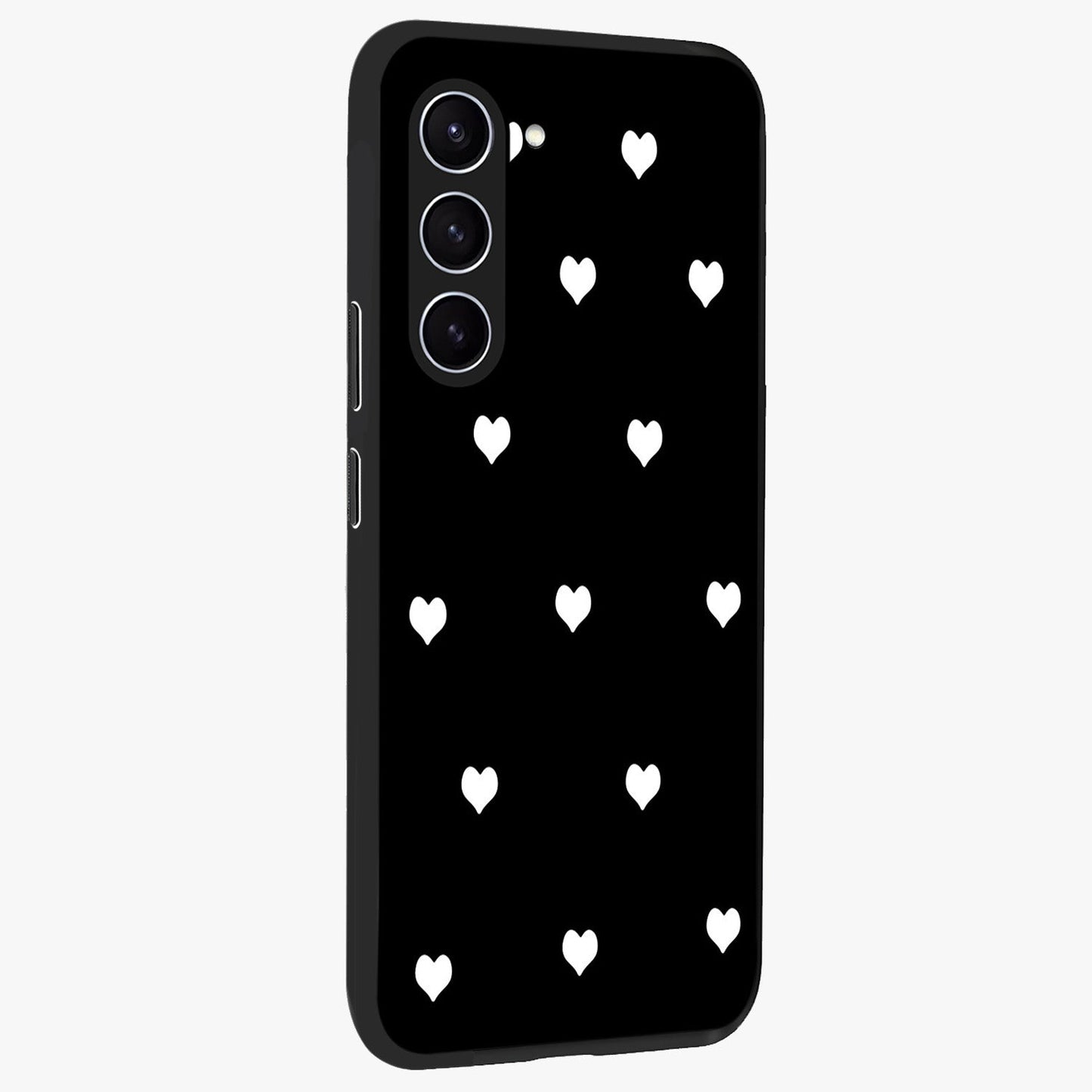 Cute And Simple White Hearts Glass Case upright view showcasing simple white hearts artwork with soft minimal theme.