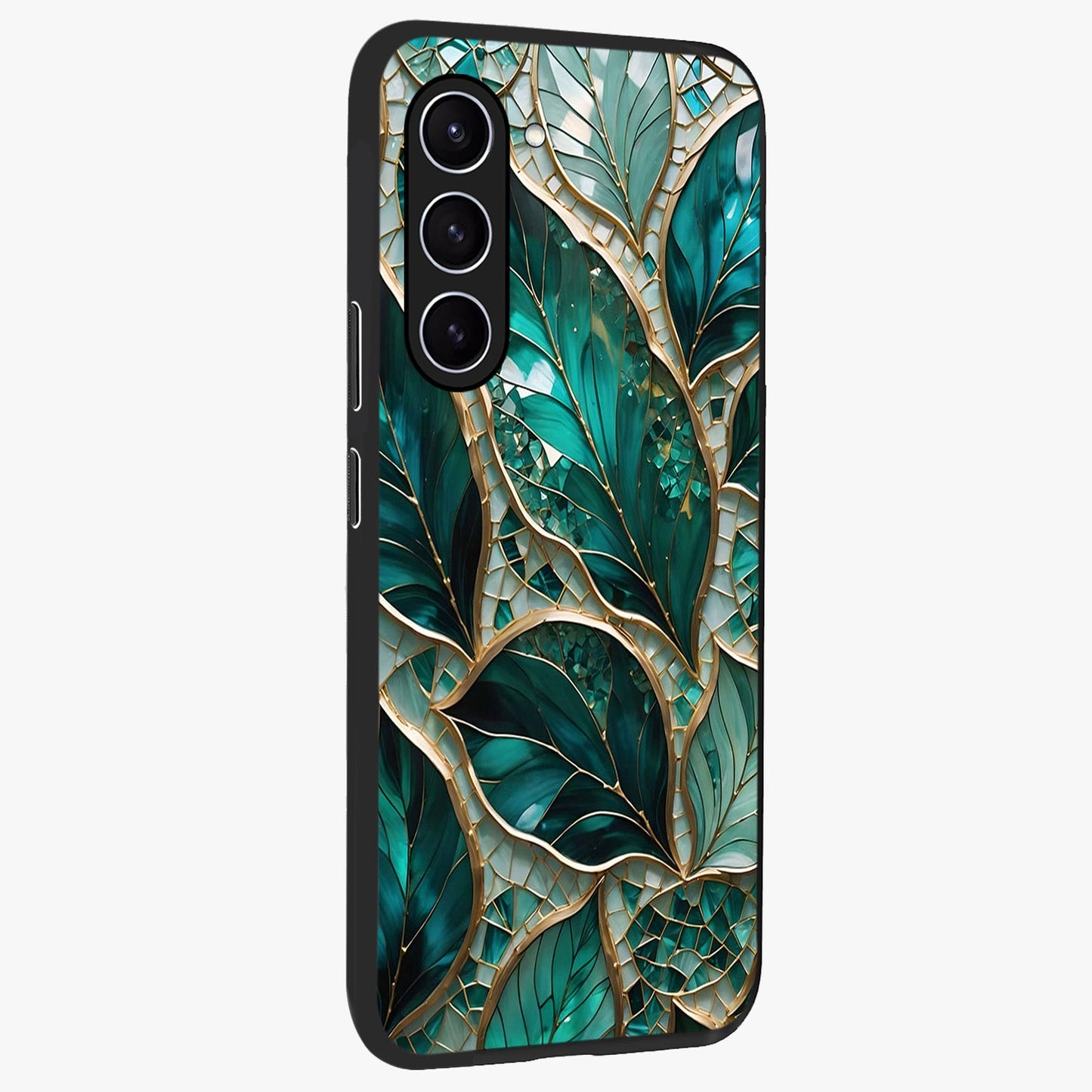 Emerald Leaf Glass Glass Case upright view showcasing fresh green leaf artwork with calming nature inspired style.