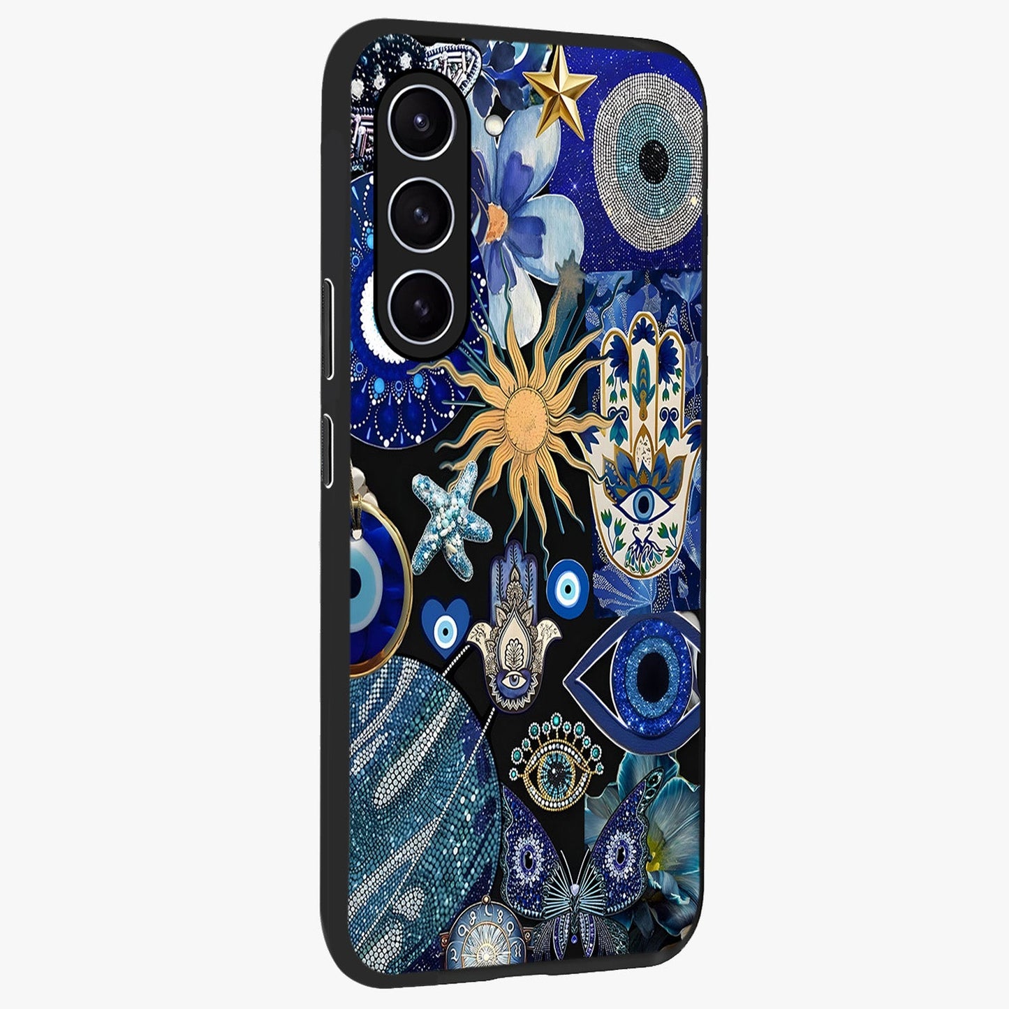 Evil Eye Charm Mix Glass Case upright view showcasing mystical evil eye pattern with vibrant decorative style.