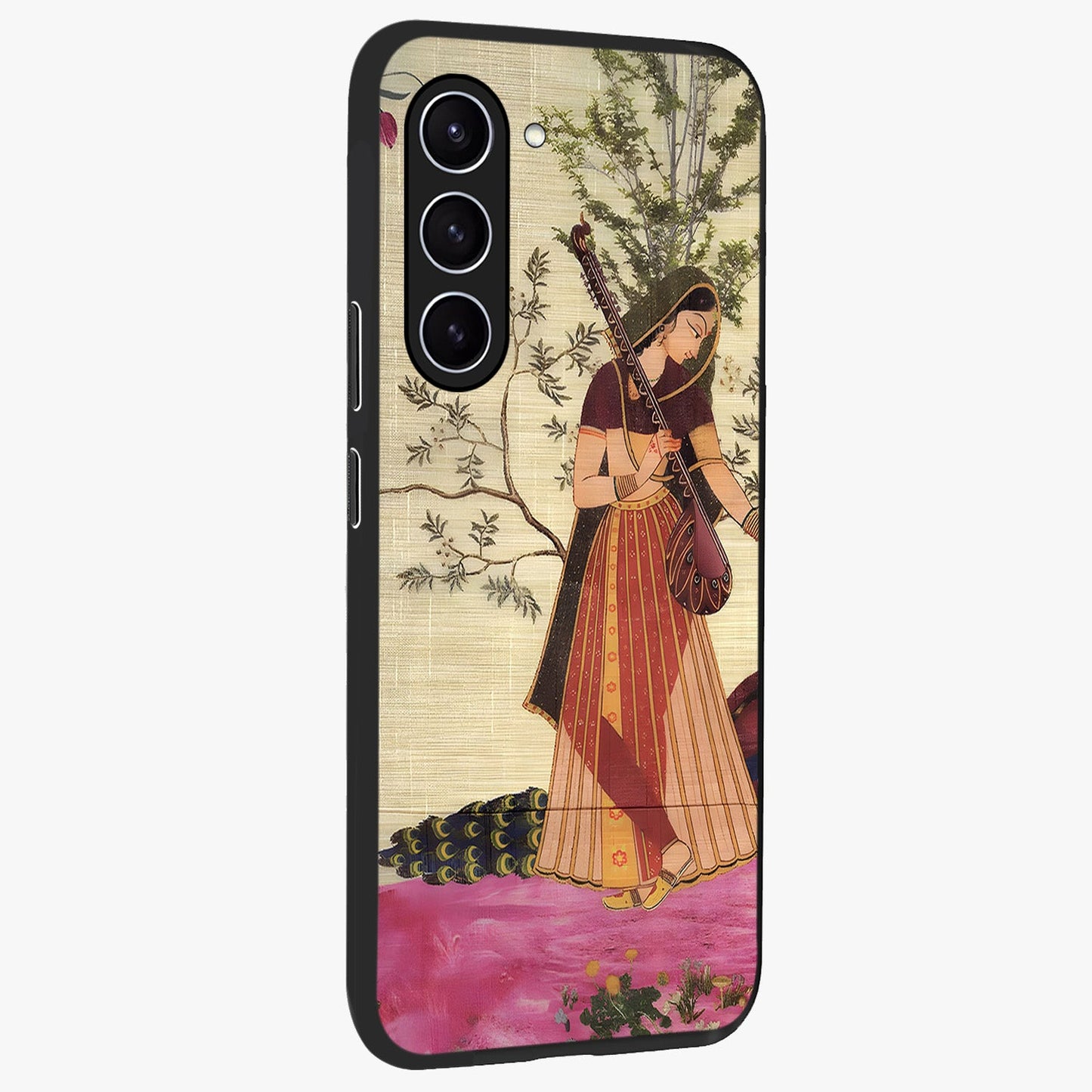 Lady With Veena Art Glass Case upright view showcasing classical veena artwork with traditional artistic theme.