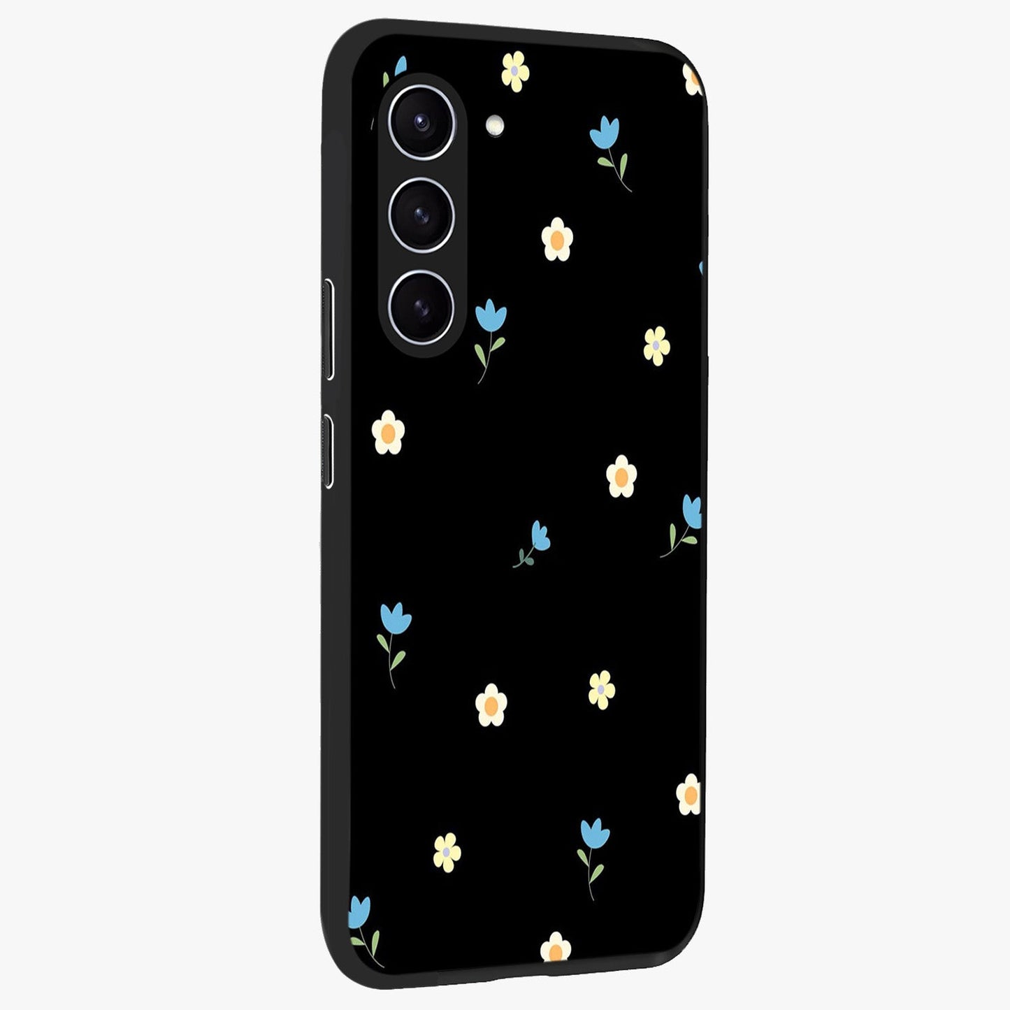 Minimal Petal Whispers Glass Case upright view showcasing elegant floral artwork with modern minimalist style.