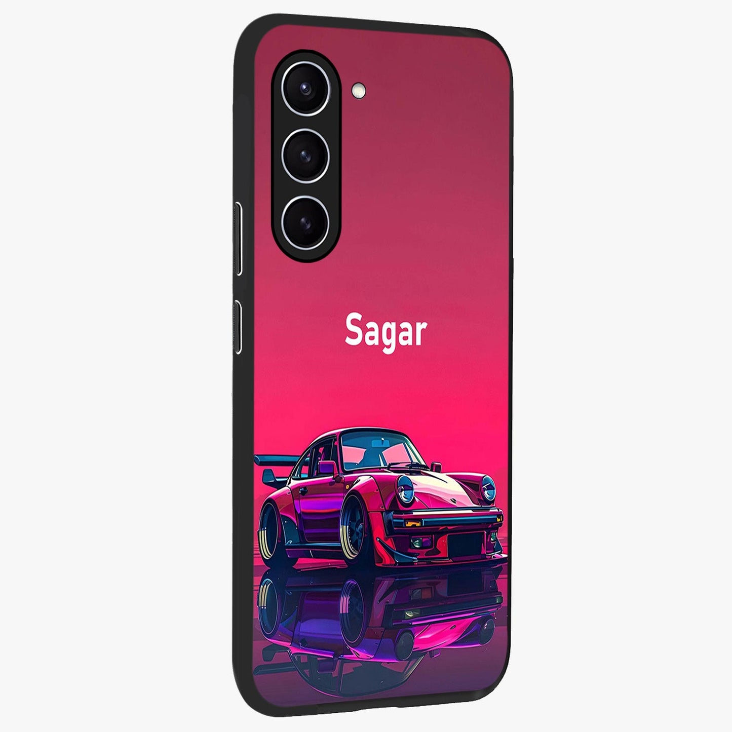 Neon Pink Porsche Glass Case upright view showcasing vibrant sports car artwork with bold automotive theme.