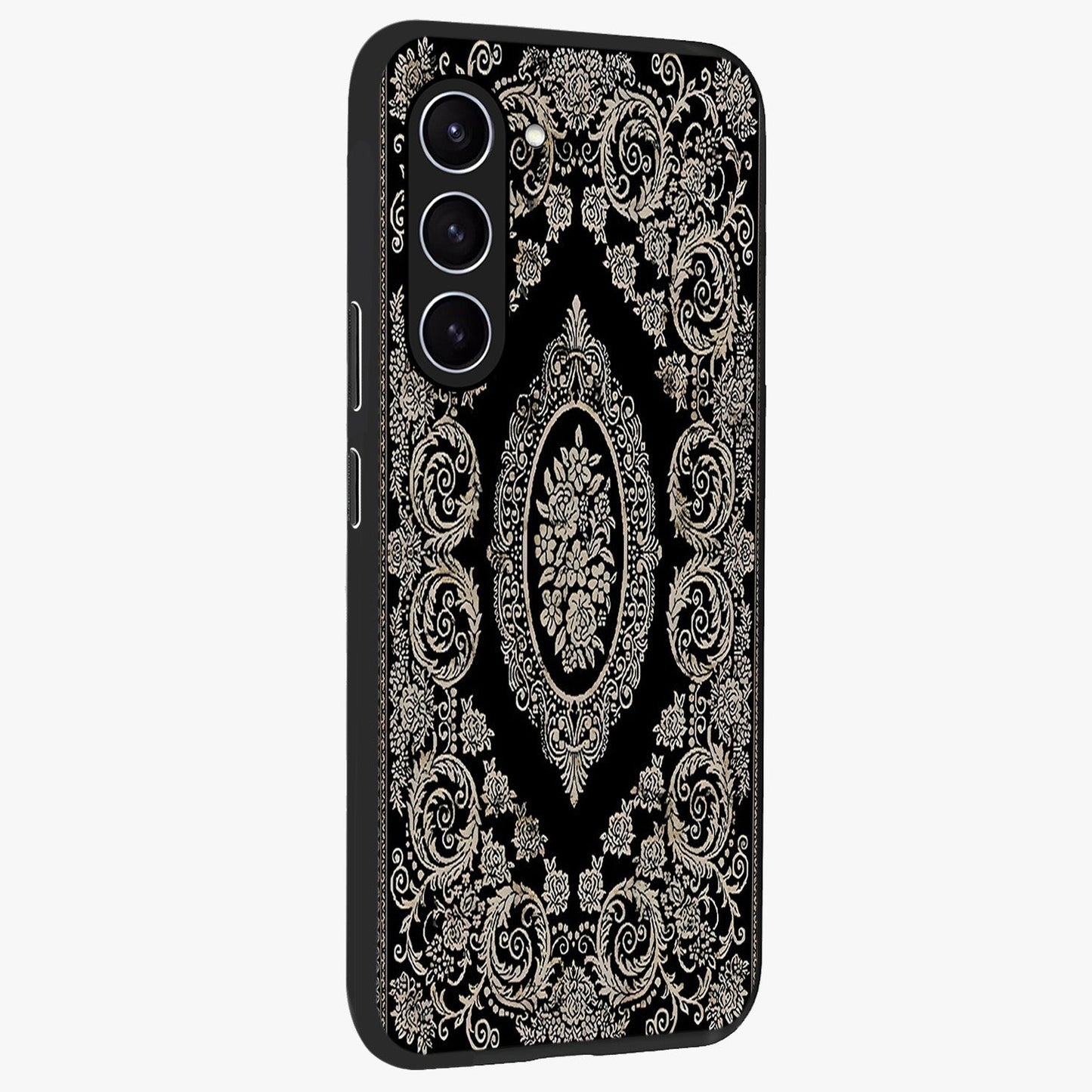 Noir Bloom Elegance Glass Case upright view showcasing graceful floral artwork with luxurious dark theme.