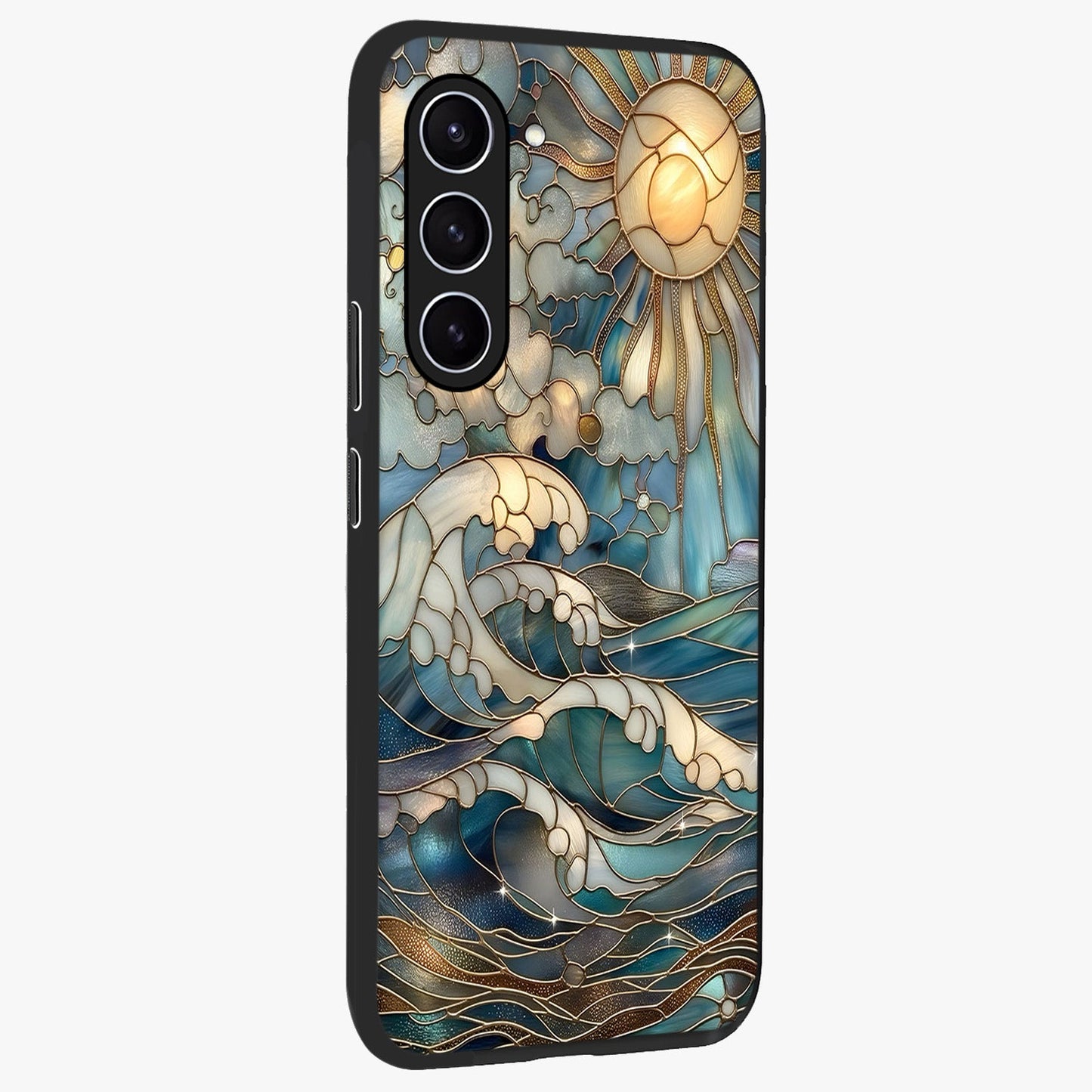 Oceanic Stained Printed Glass Case upright view showcasing decorative ocean pattern artwork with vibrant marine theme.