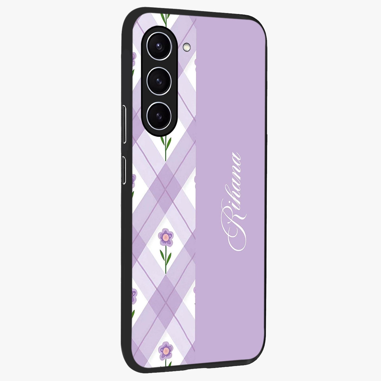 Purple Diamond Floral Glass Case upright view showcasing vibrant floral artwork with stylish geometric theme.