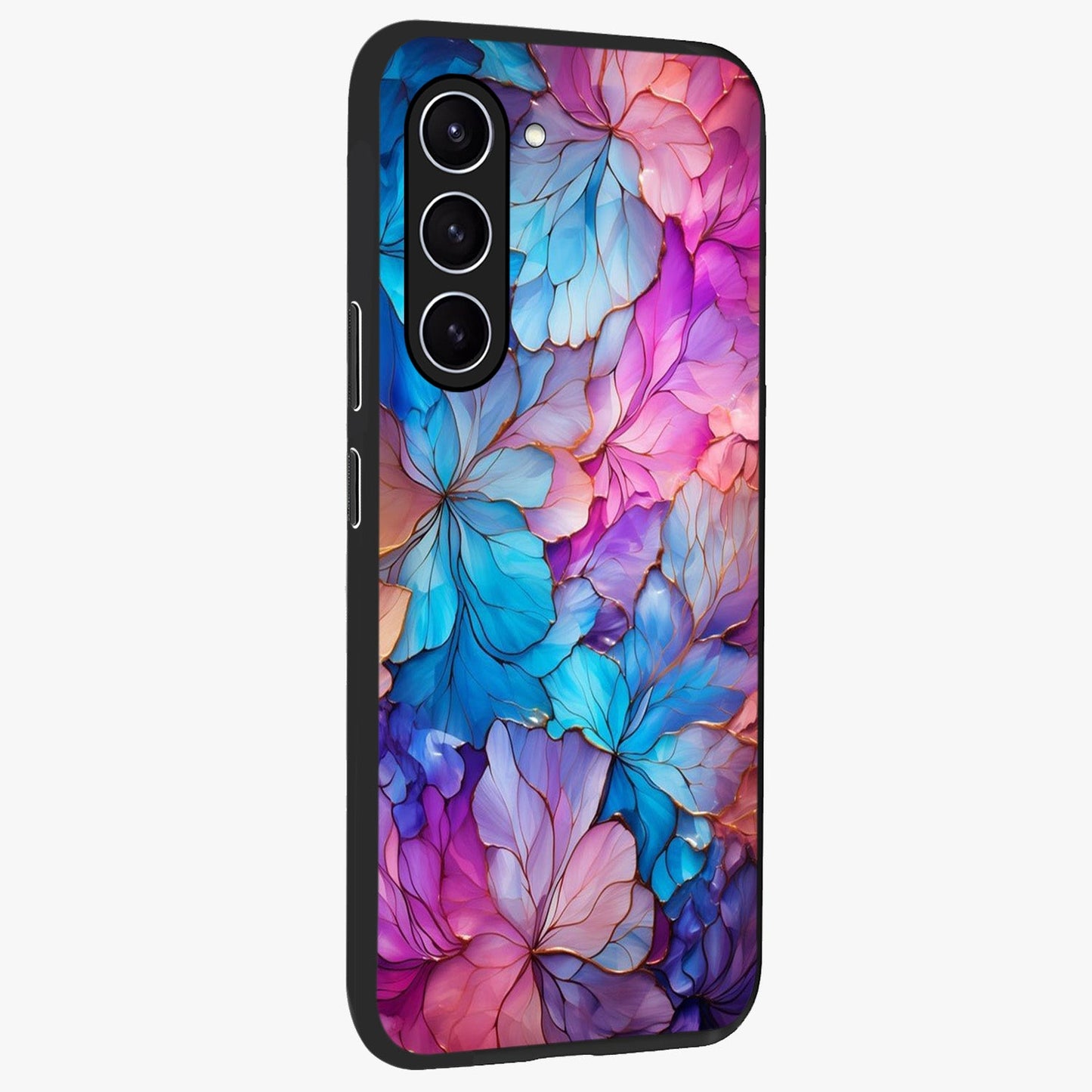 Radiant Floral Whirl Glass Case upright view showcasing lively floral artwork with decorative swirl theme.