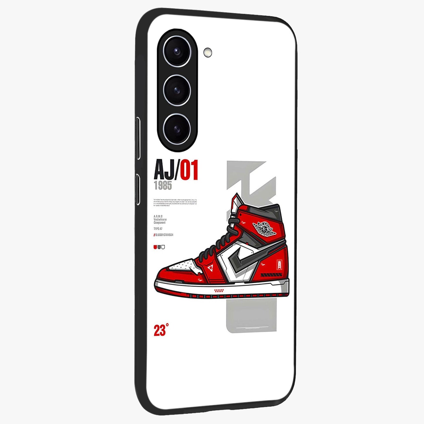Retro Sneaker Blueprint Glass Case upright view showcasing stylish sneaker illustration with vintage streetwear theme.