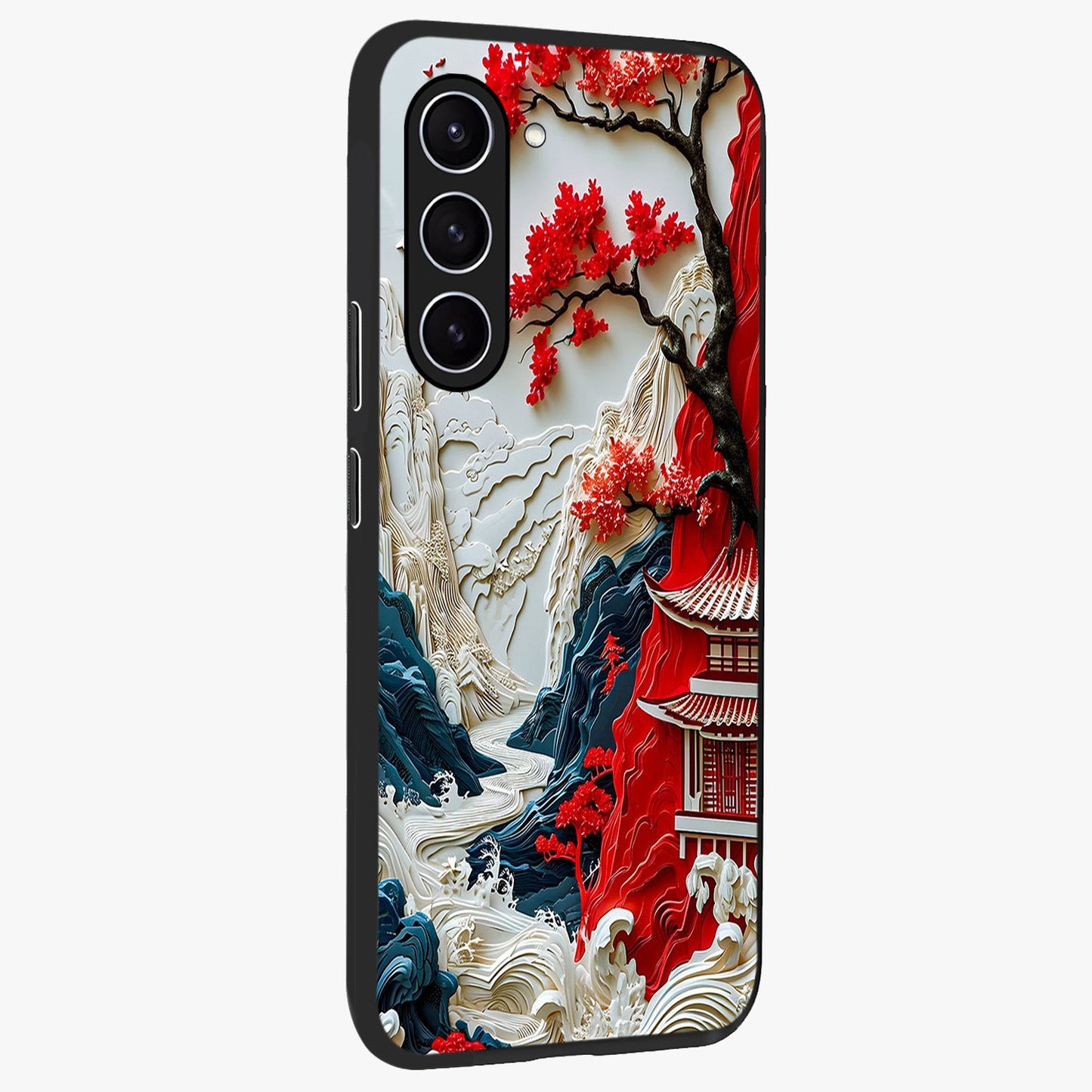 Whispers Of Sakura Waves Glass Case upright view showcasing delicate cherry blossom artwork with elegant nature theme.