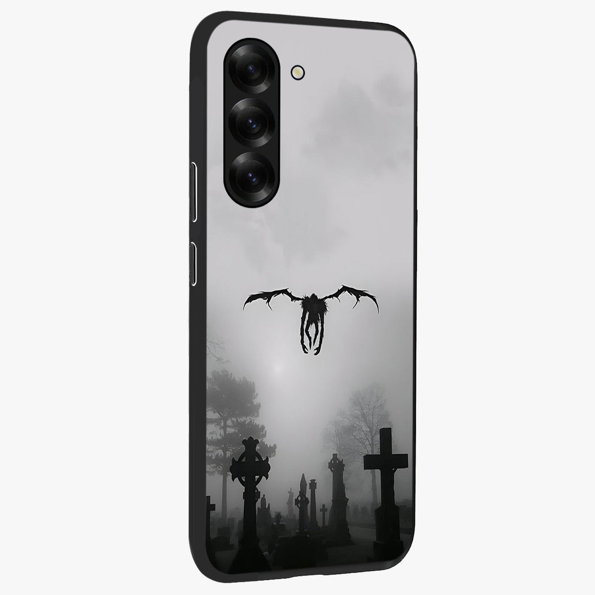 Graveyard Shadow Descent Glass Case upright view showcasing haunting graveyard artwork with dramatic dark theme.