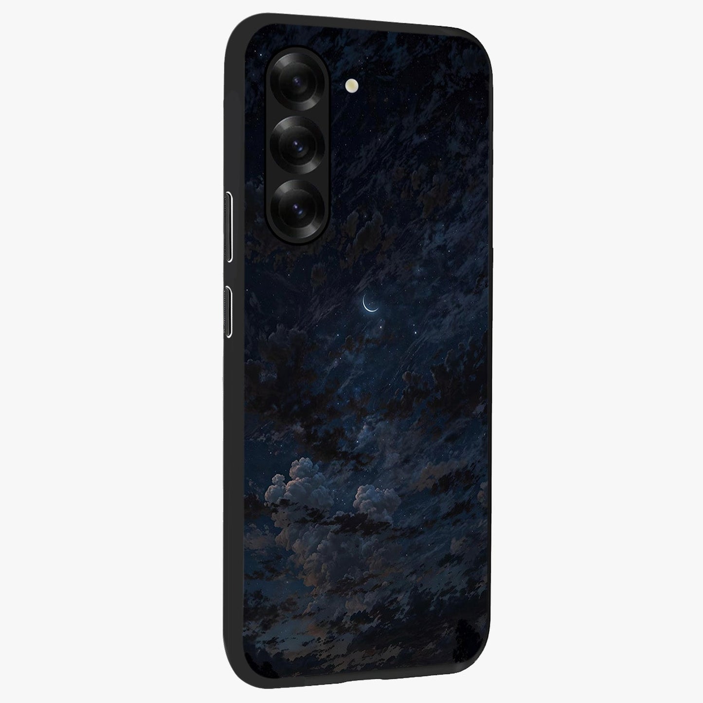 Lunar Veil Silence Glass Case upright view showcasing calm moon themed artwork with serene night atmosphere.