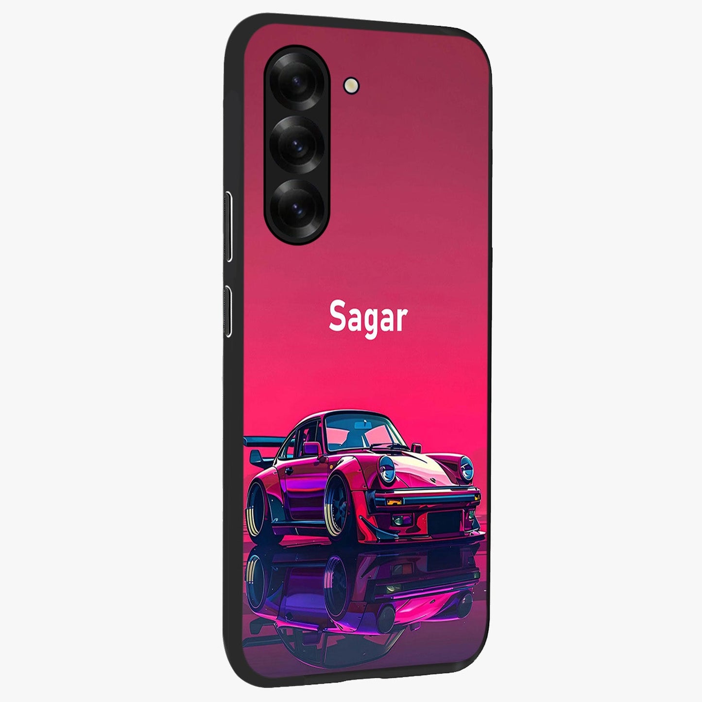 Neon Pink Porsche Glass Case upright view showcasing vibrant sports car artwork with bold automotive theme.