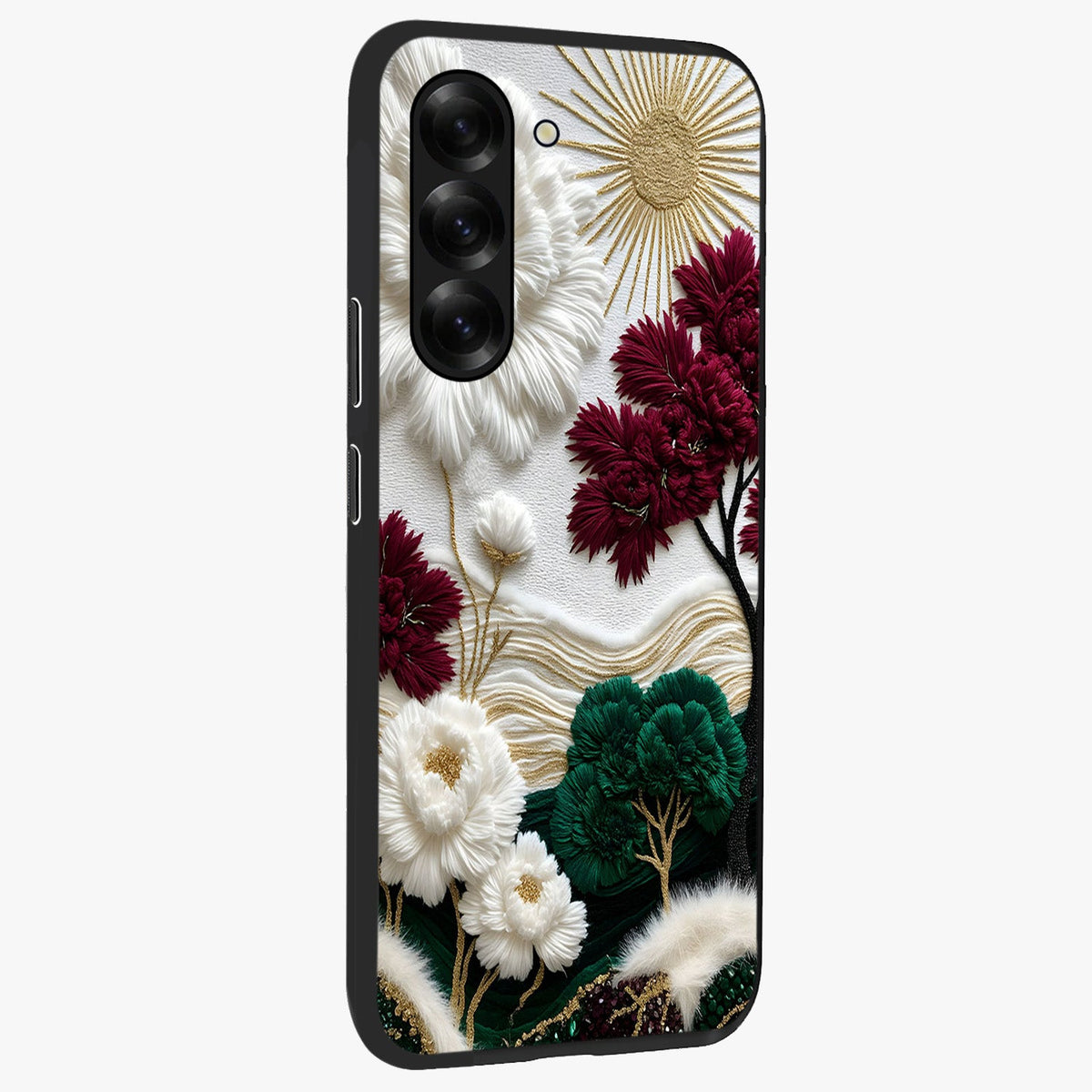 Radiant Bloom Elegance Glass Case upright view showcasing decorative flower artwork with refined botanical theme.