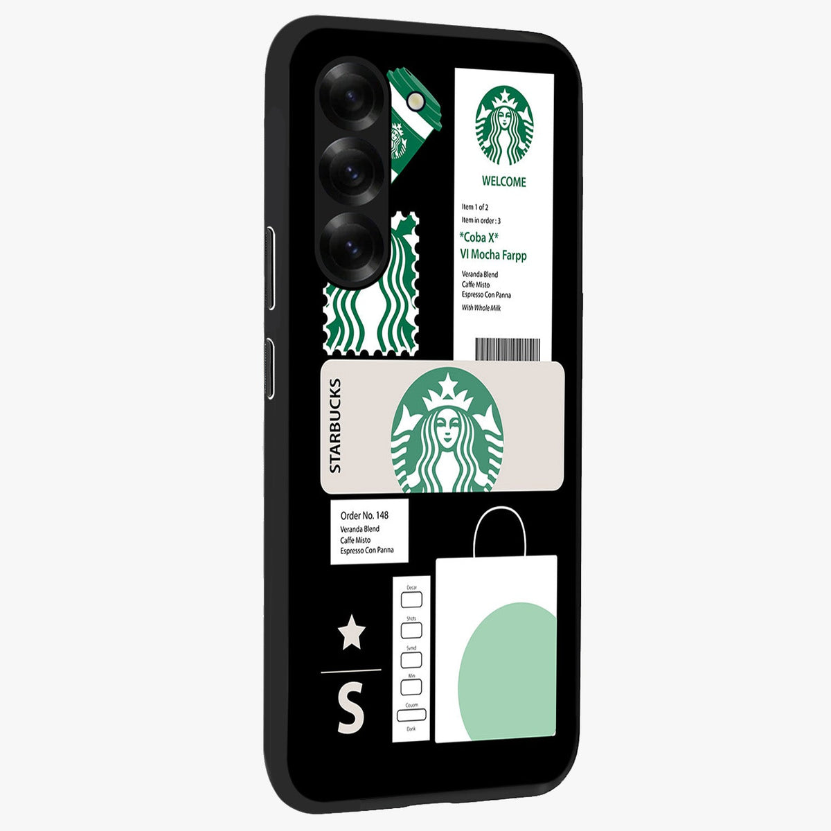 Starbucks Mocha Glass Case upright view showcasing trendy coffee inspired artwork with modern lifestyle theme.