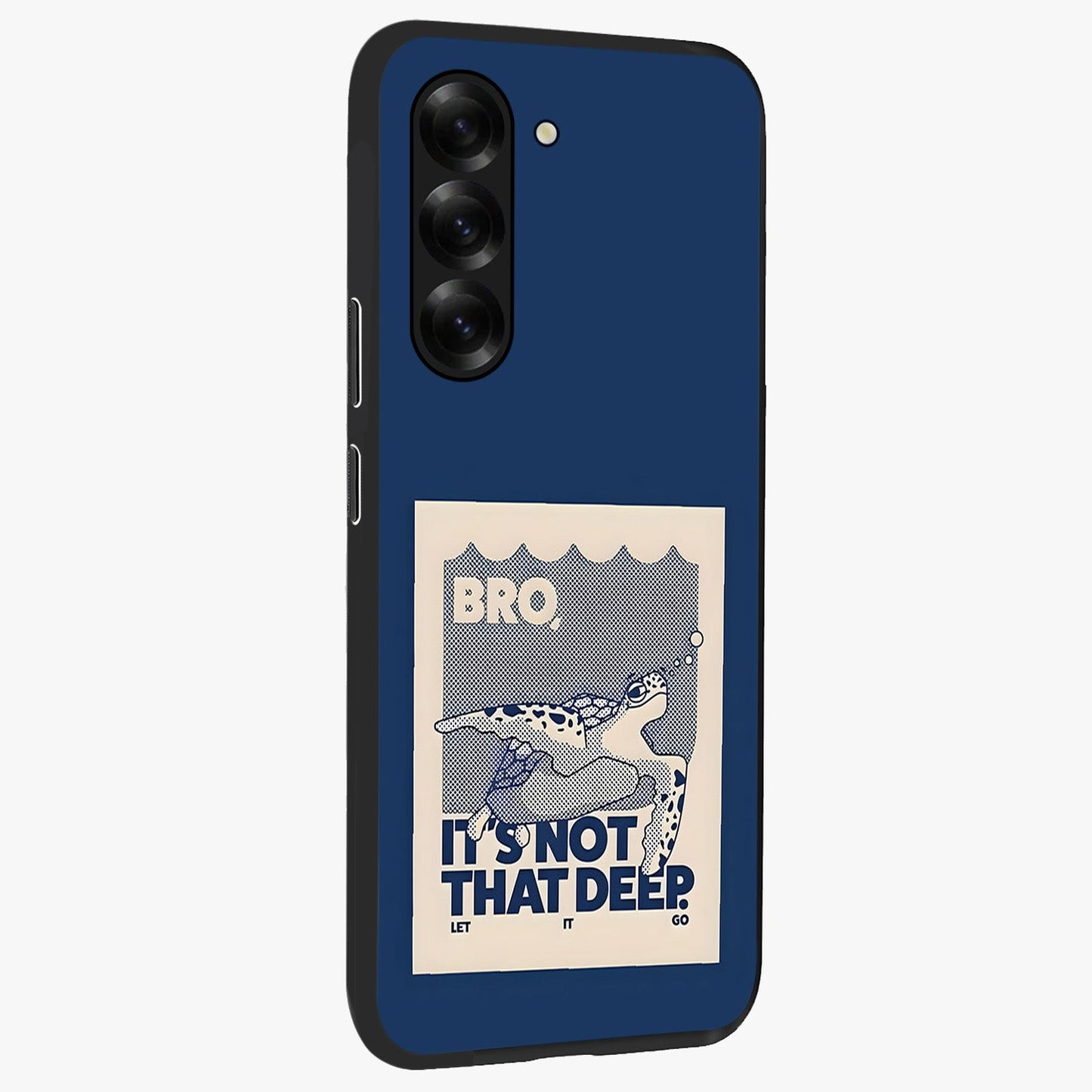 Worry Less Swim Glass Case upright view showcasing cheerful artistic artwork with carefree inspirational theme.
